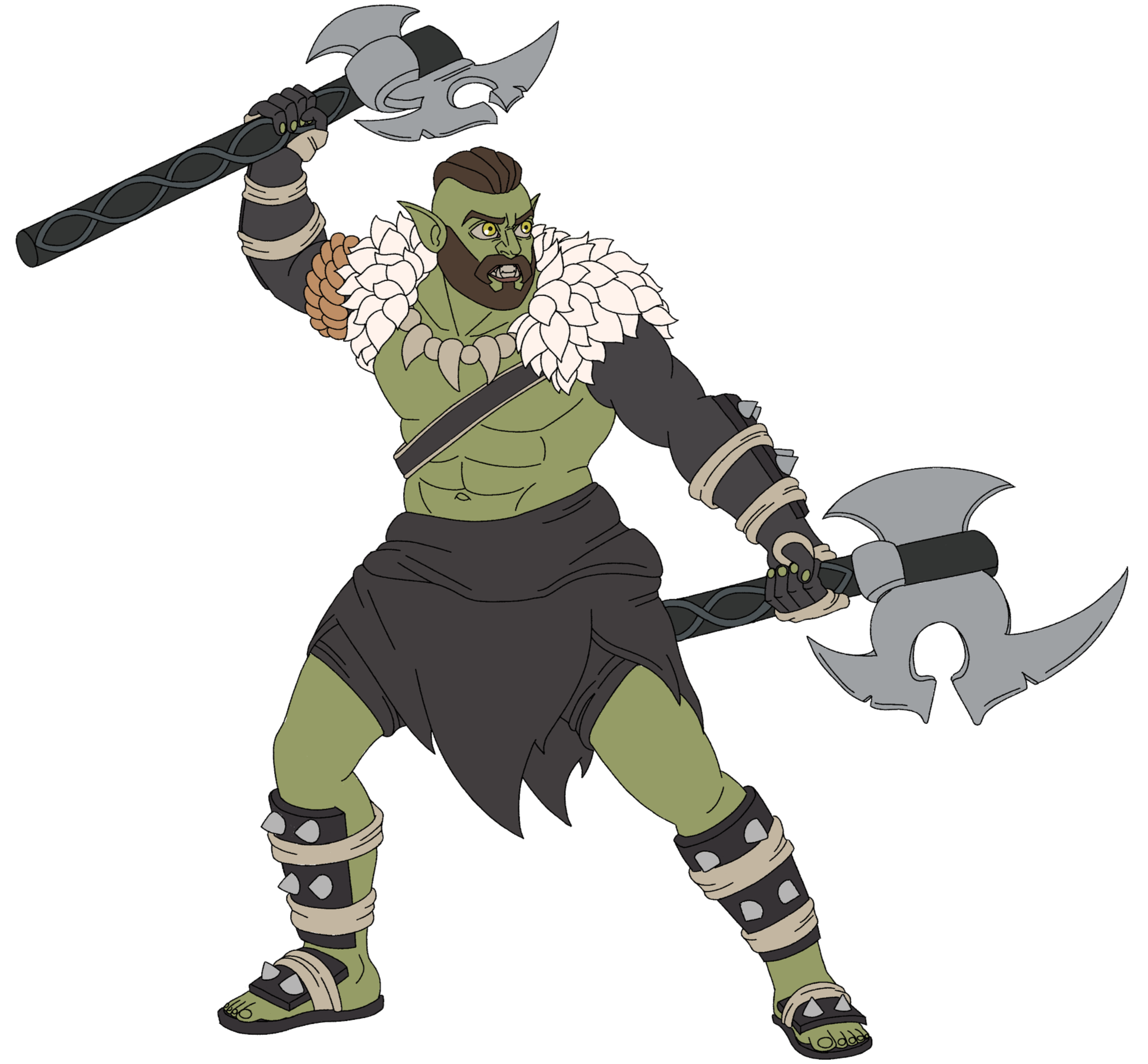 Illustration of an orc warrior with green skin, wearing a black tunic and armor, spiked accessories, and a white fur collar, wielding two large double-bladed axes.
