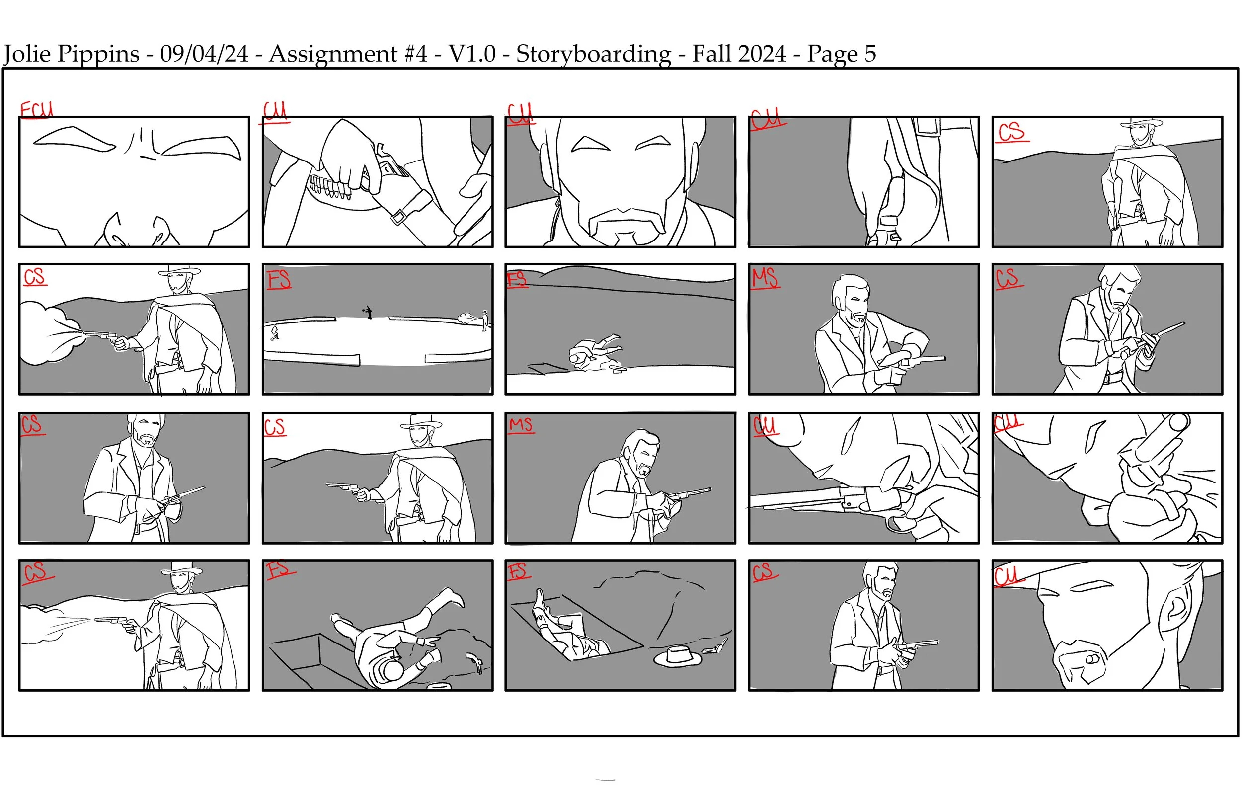 The final page in a storyboard showing a sequence of black-and-white panels from the stand-off scene in the film "The Good, the Bad, and the Ugly".