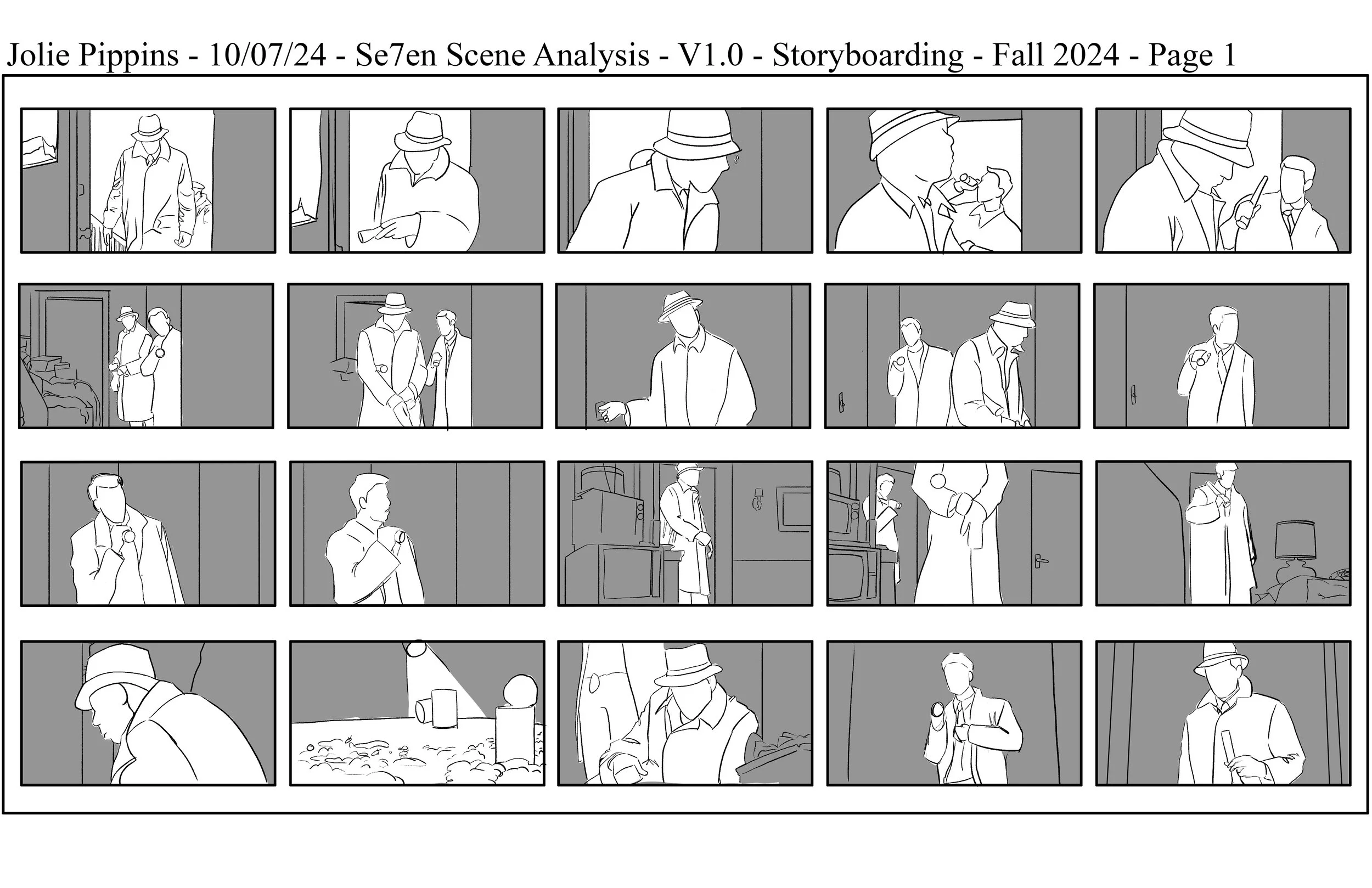 The first page in a storyboard showing a sequence of black-and-white panels from a detective scene in the film "Seven".