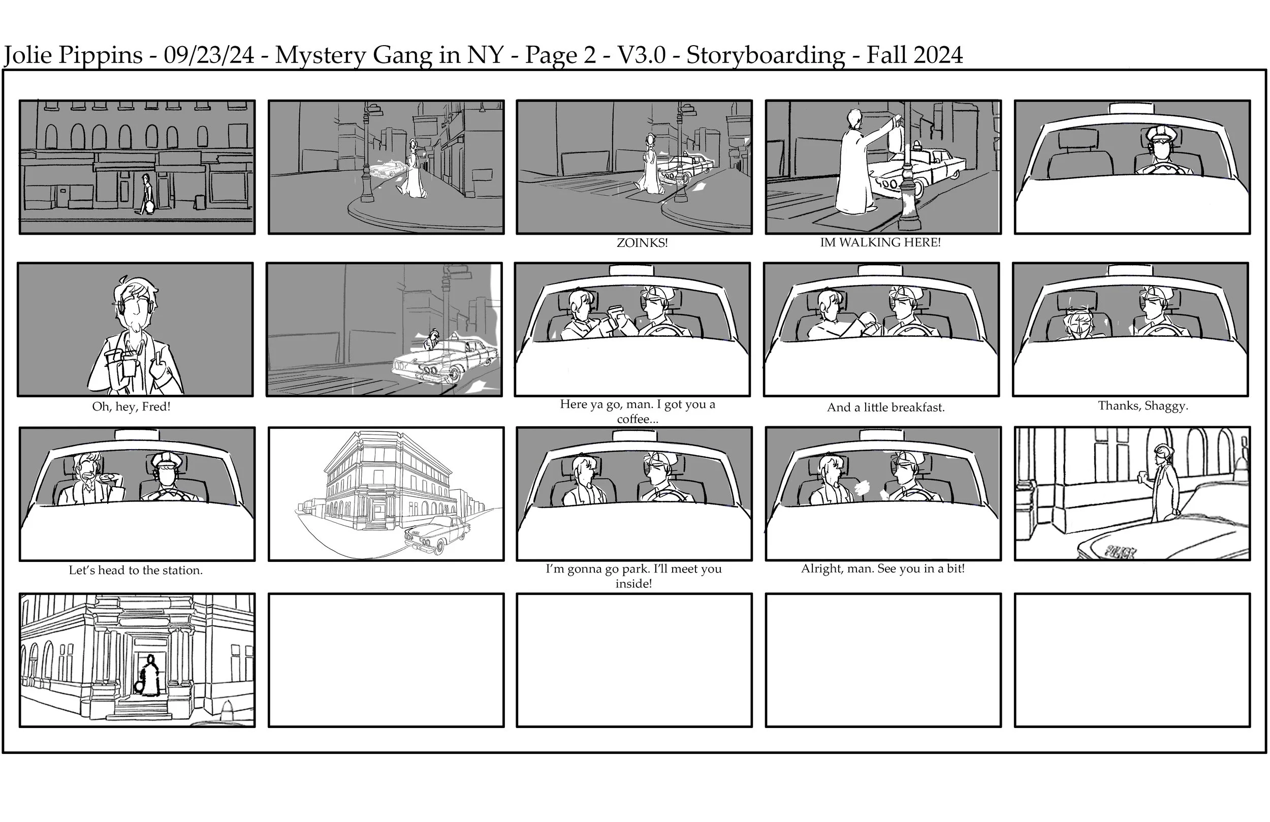The final page in a storyboard showing a sequence of black-and-white panels of Shaggy & Fred from the Scooby-Doo franchise in New York City.