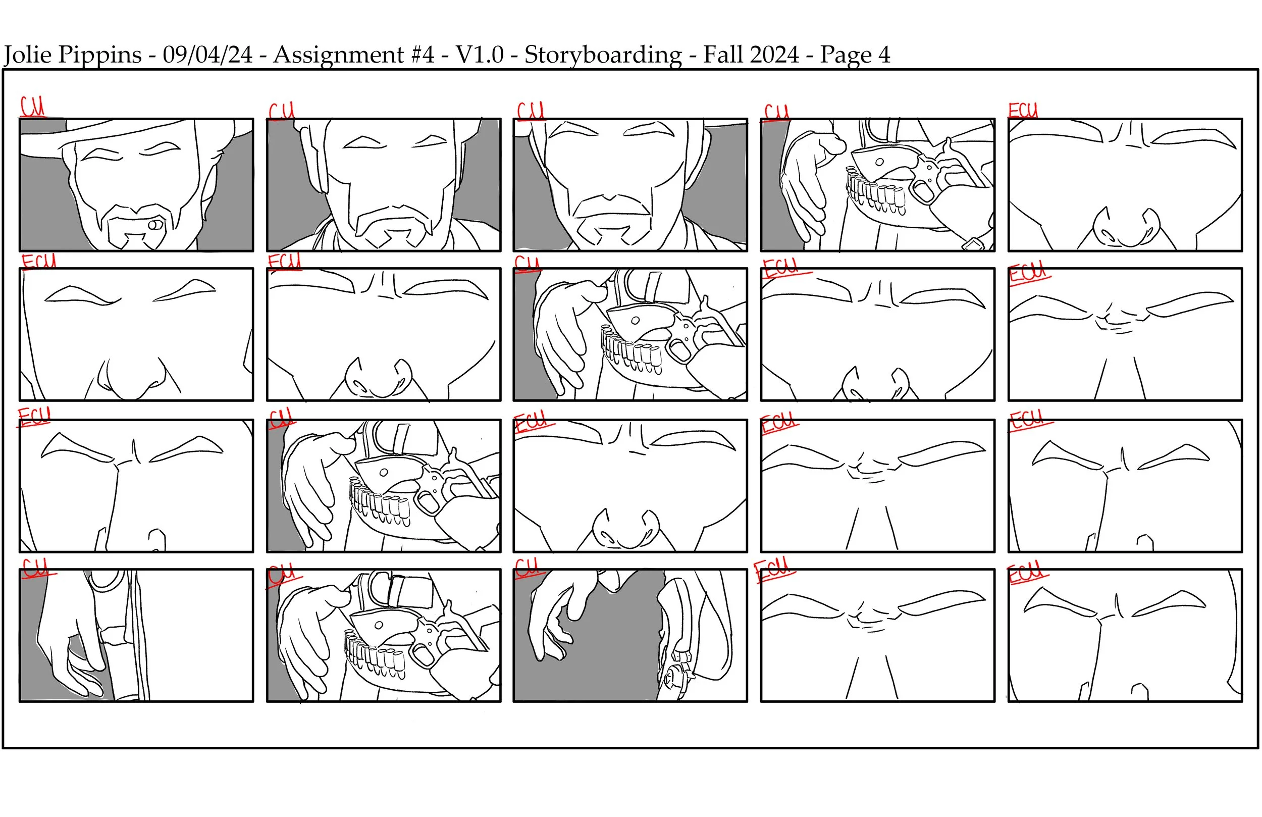 The fourth page in a storyboard showing a sequence of black-and-white panels from the stand-off scene in the film "The Good, the Bad, and the Ugly".