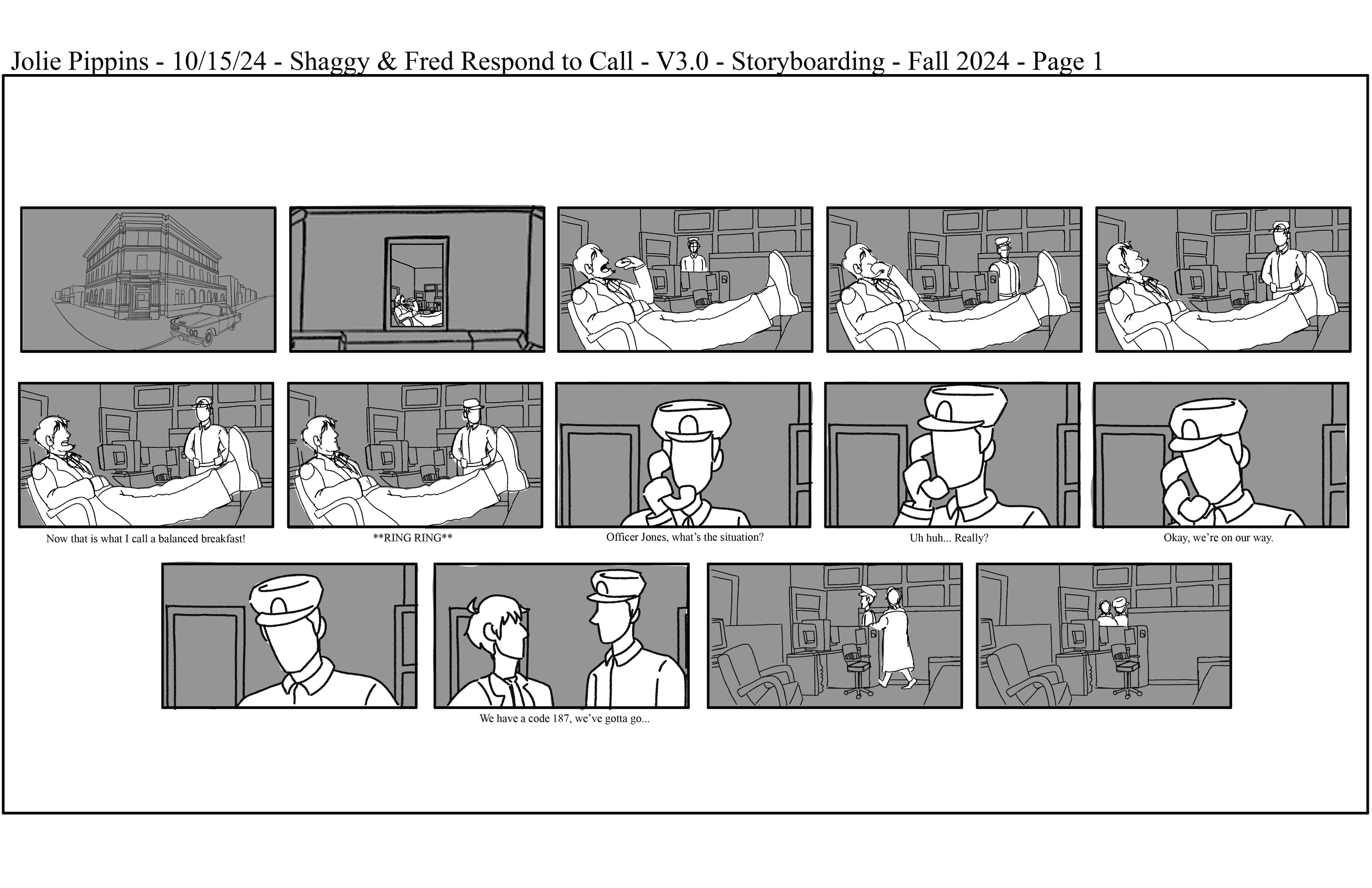 A storyboard showing a sequence of black-and-white panels of Shaggy & Fred from the Scooby-Doo franchise in a police station as detectives. 