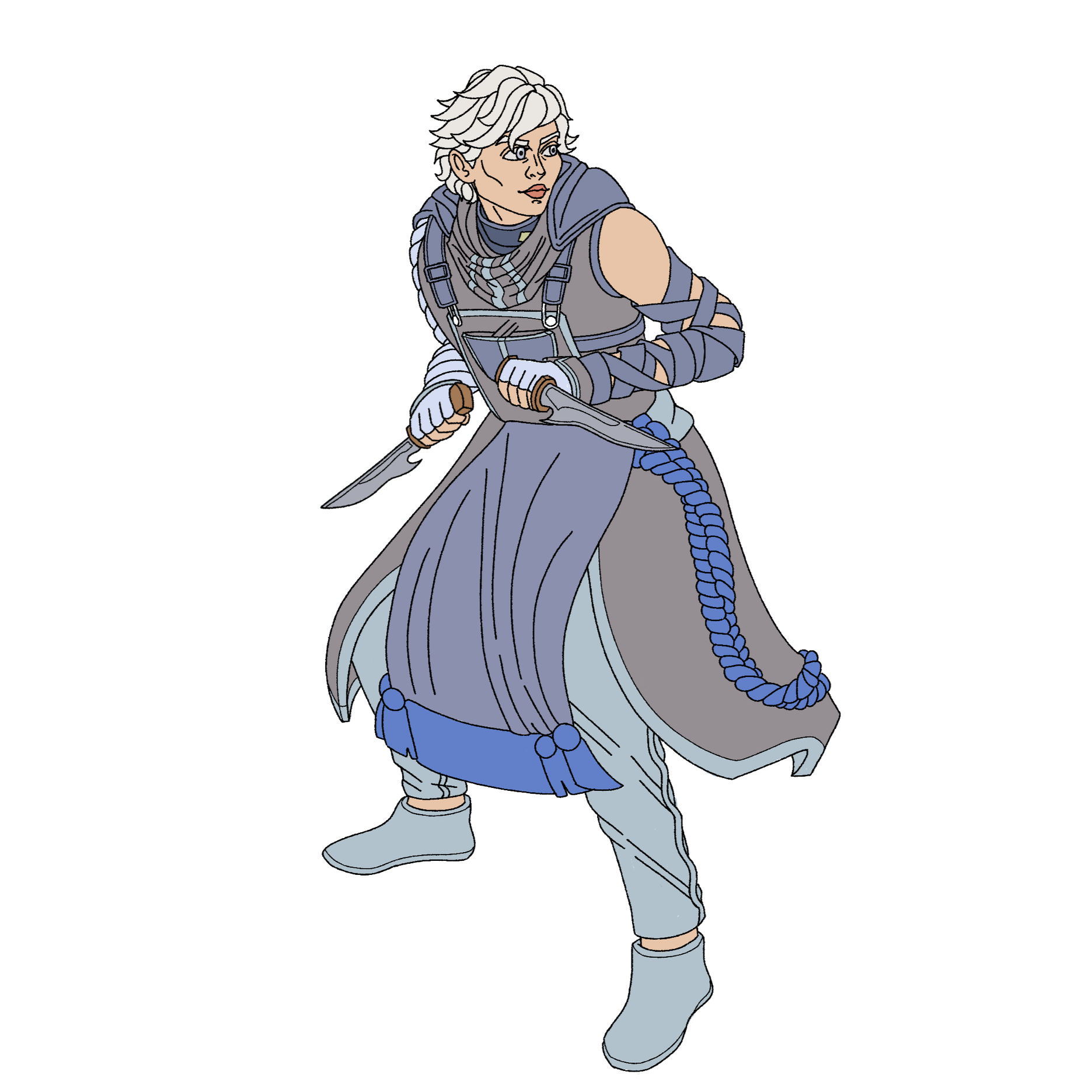 Illustration of a person in blue fantasy armor ready for battle, holding two daggers, with a determined expression.