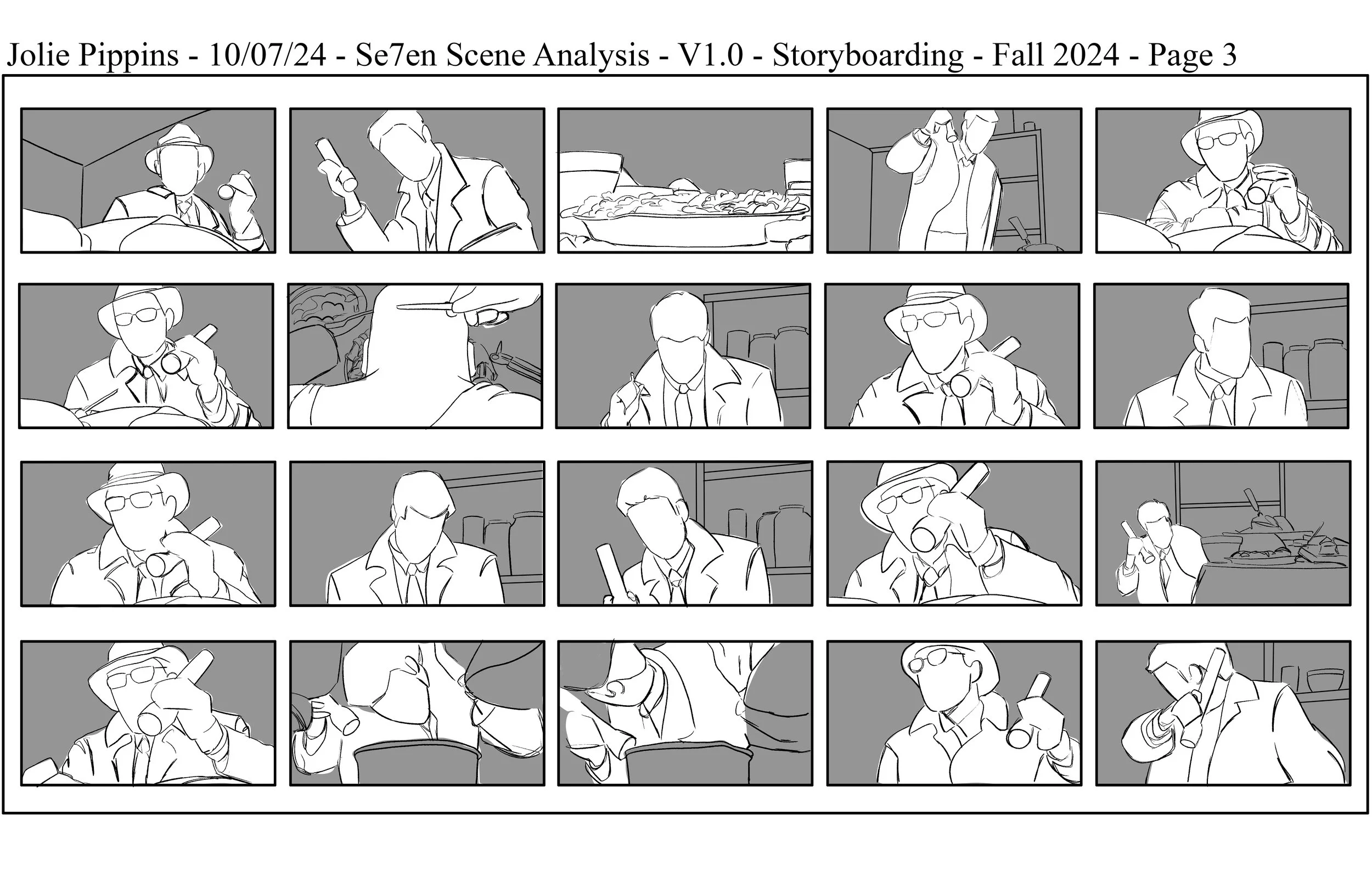 The third page in a storyboard showing a sequence of black-and-white panels from a detective scene in the film "Seven".