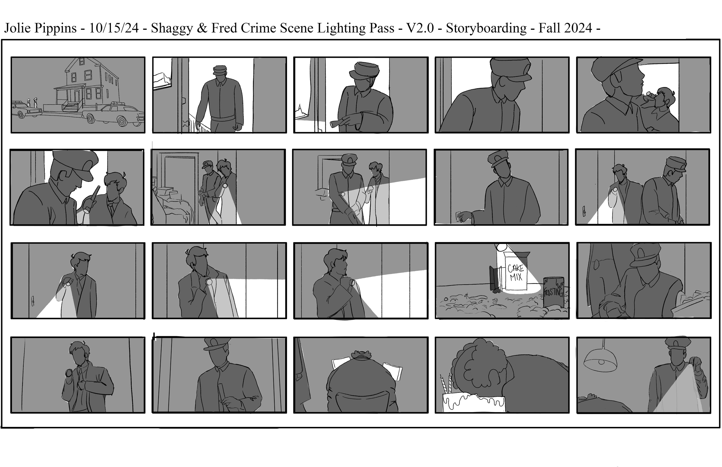 The first page in a storyboard concept showing a sequence of black-and-white panels of Shaggy & Fred from the Scooby-Doo franchise at a crime scene.