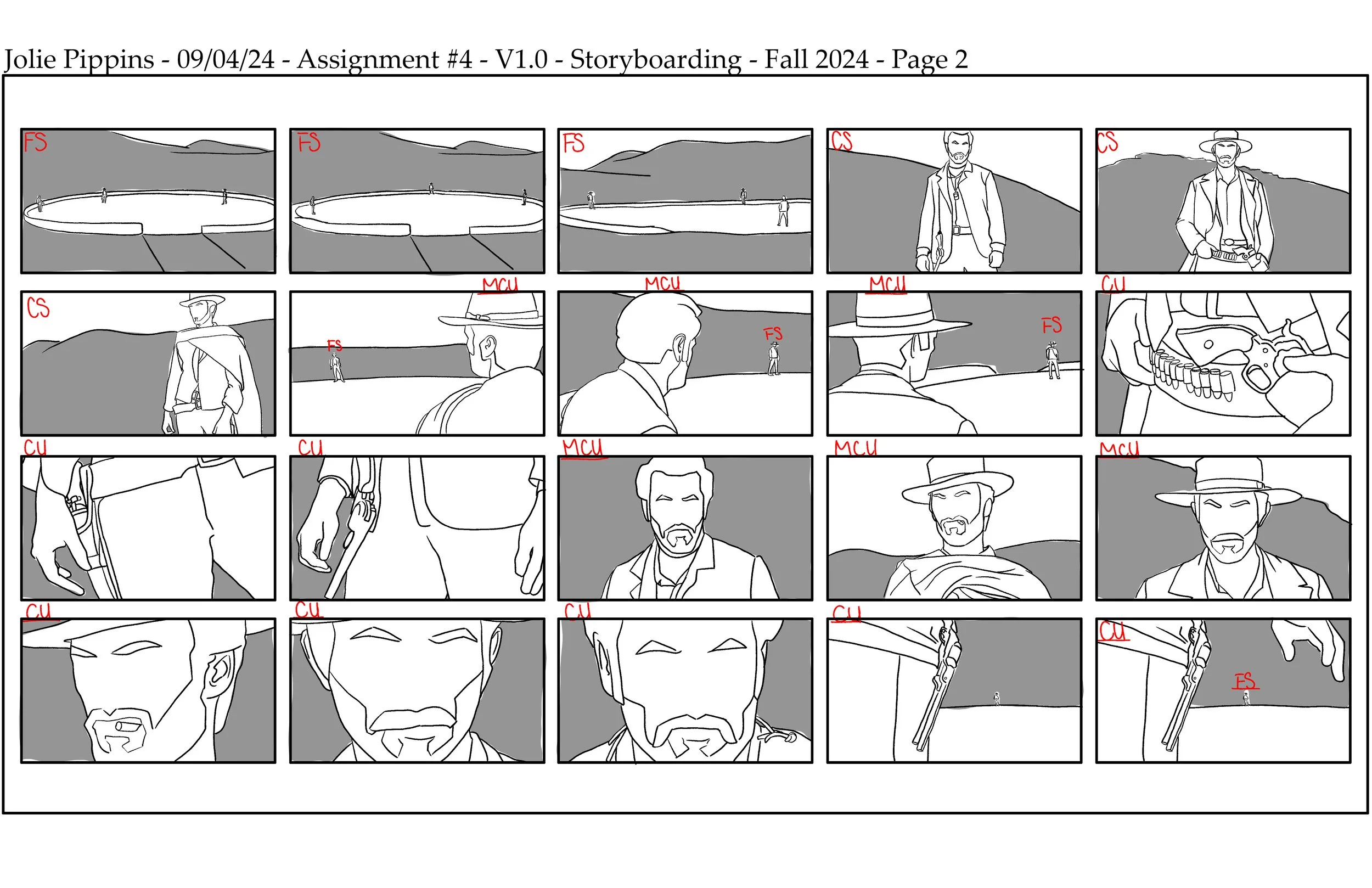 The second page in a storyboard showing a sequence of black-and-white panels from the stand-off scene in the film "The Good, the Bad, and the Ugly".