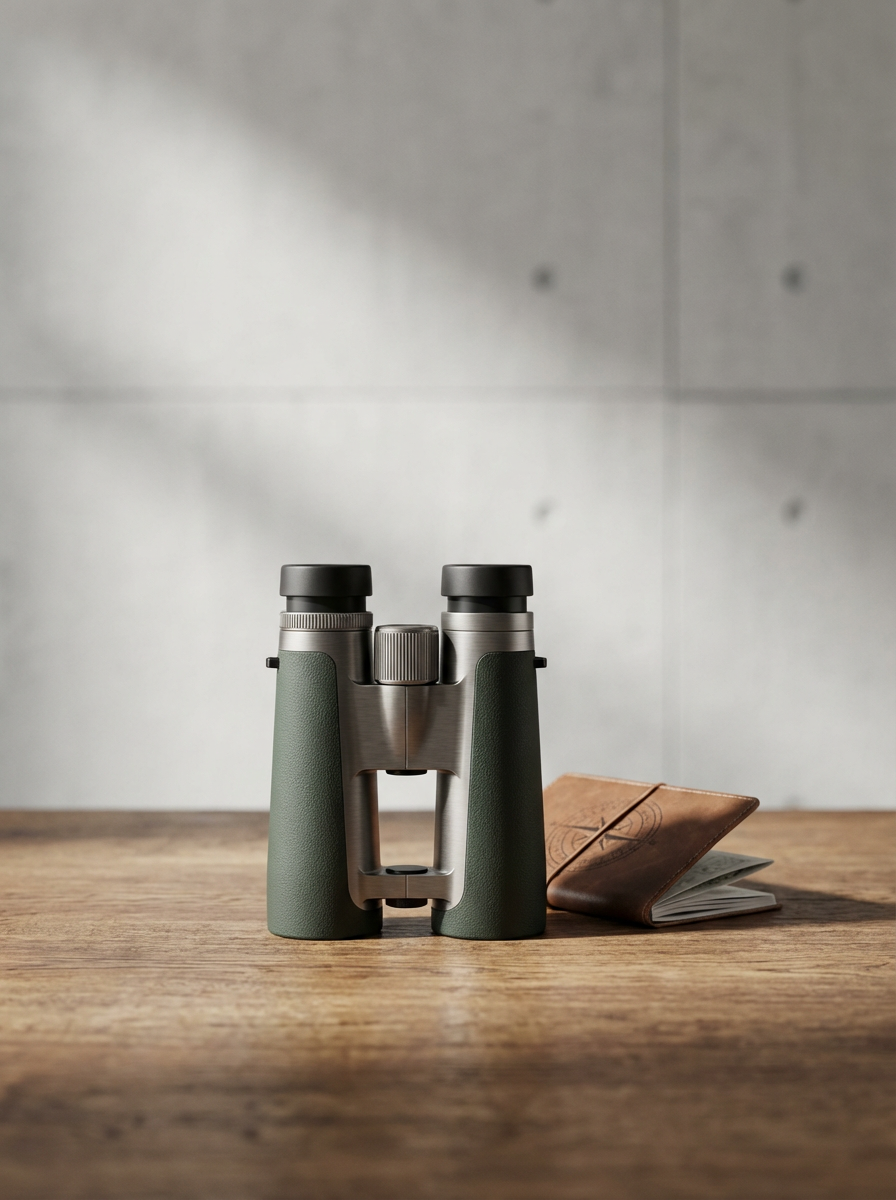 Binoculars and a small leather-bound notebook with a pencil lying on top, placed on a wooden surface.