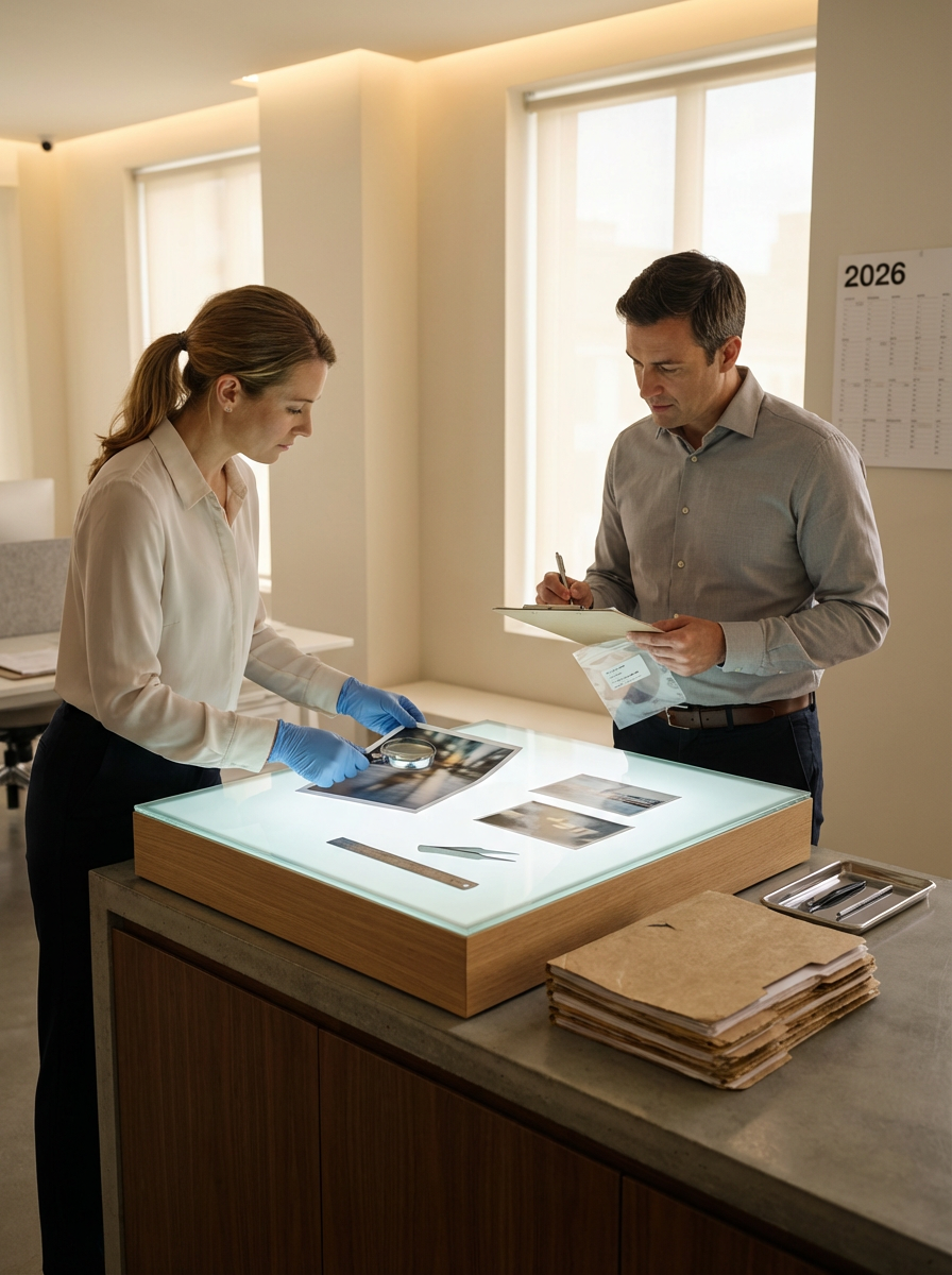A woman with gloves examining an X-ray film with a magnifying glass on a light box, while a man takes notes and observes, in a medical or archival setting.