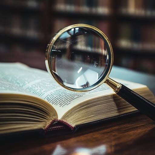 Open book with a magnifying glass on top in a library or study setting.