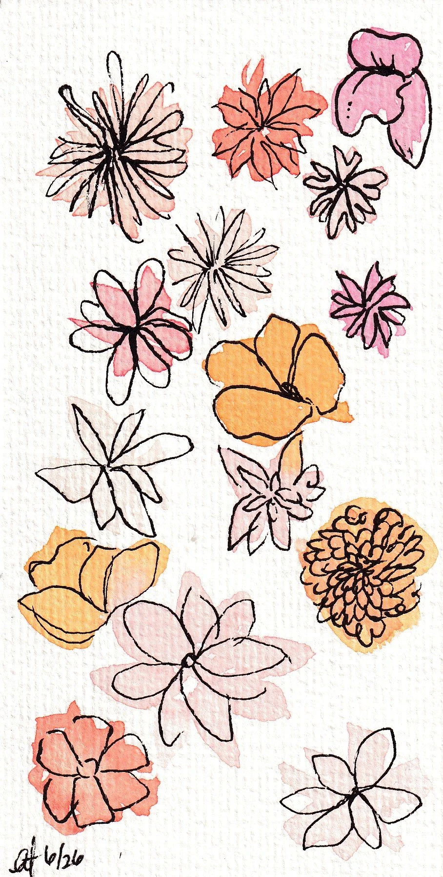 Colorful floral sketch with pink, orange, purple, and white flowers and leaves sketched with black outlines on white textured paper.