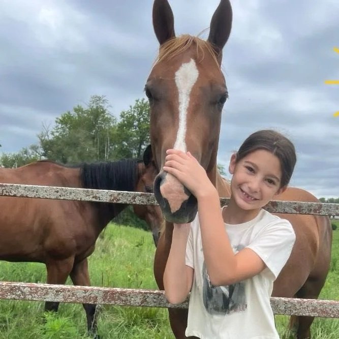 A young boy smiling and petting a brown horse with a white stripe on its face behind a wooden fence in a grassy field under a cloudy sky.
