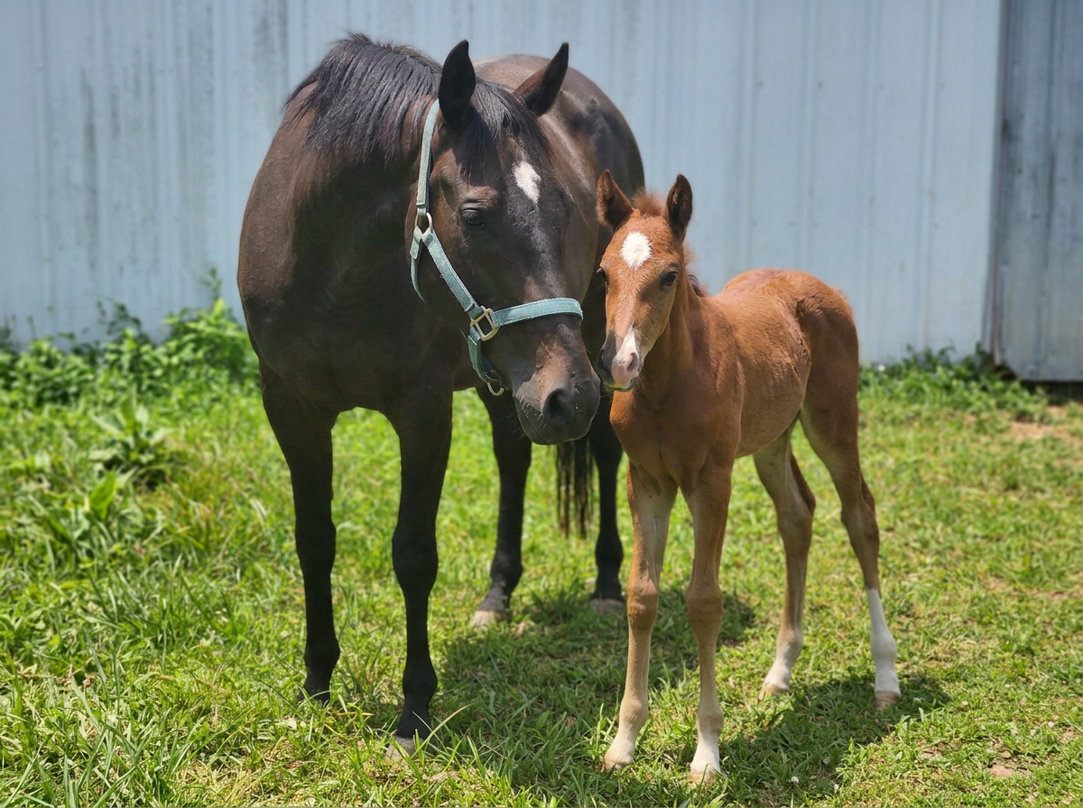 A dark brown mare and a light brown foal standing together in a grassy area near a blue wooden fence.
