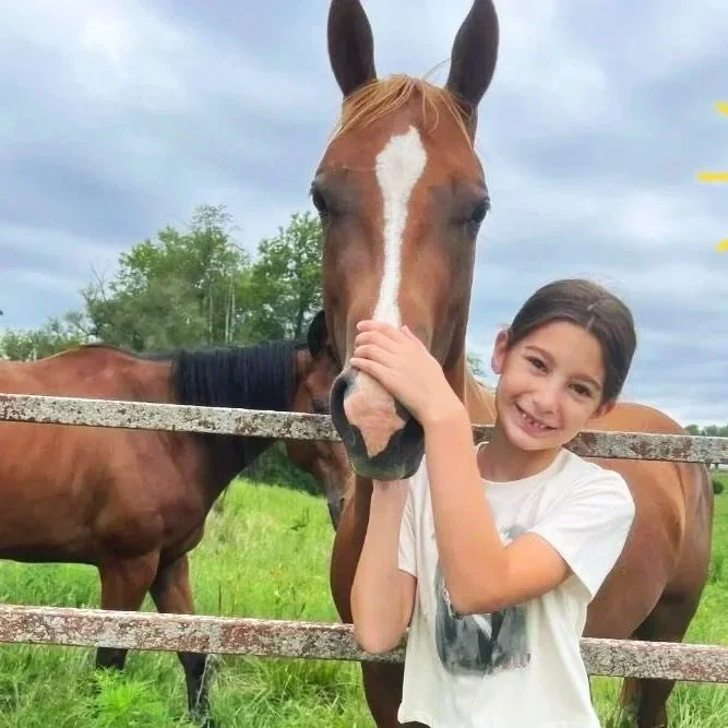 A young girl smiling and hugging a brown horse with a white stripe on its face behind a wooden fence on a cloudy day.