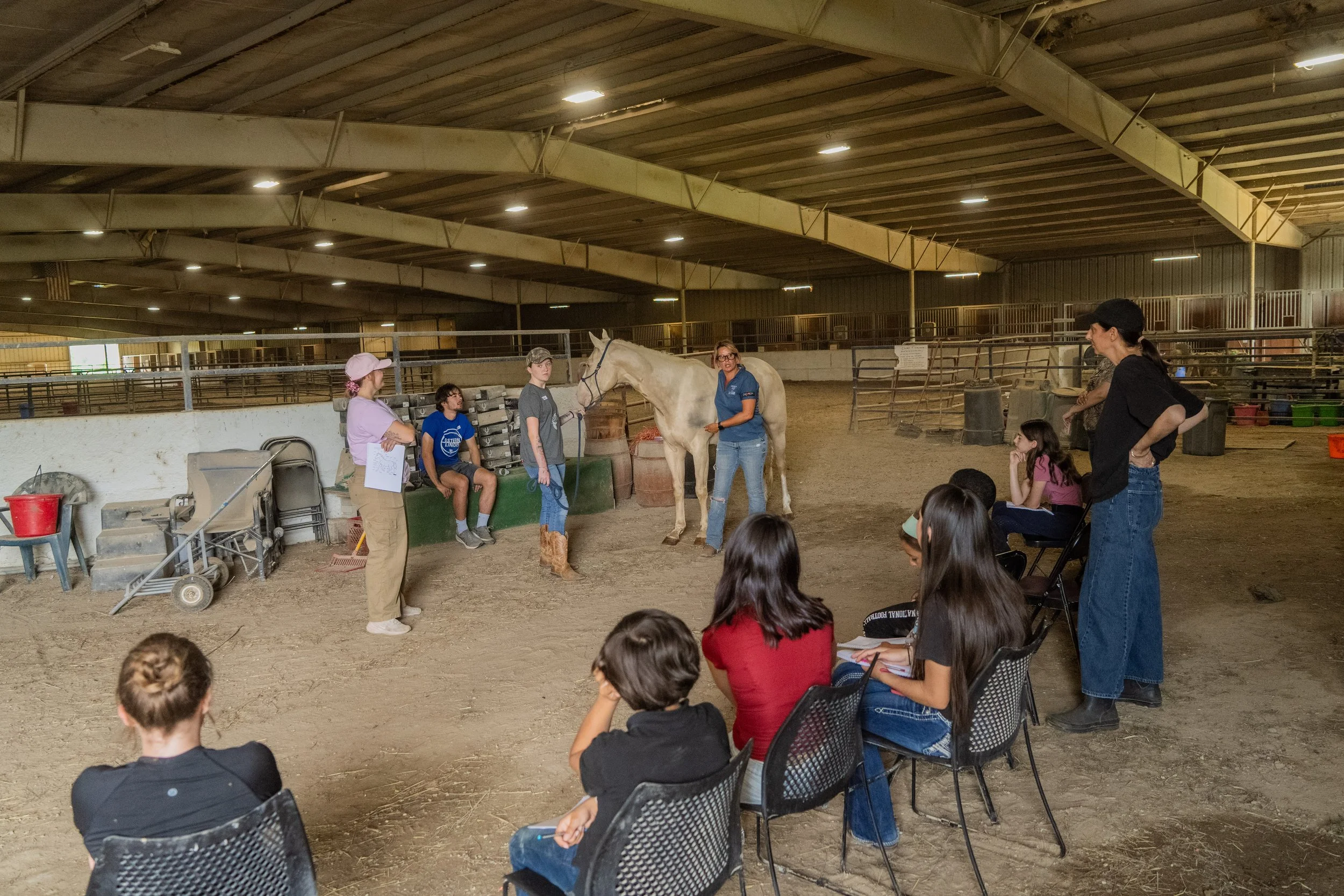 A group of children seated in chairs inside an indoor riding arena watching a woman with a horse. The woman appears to be teaching or demonstrating something about the horse to the children and other adults.