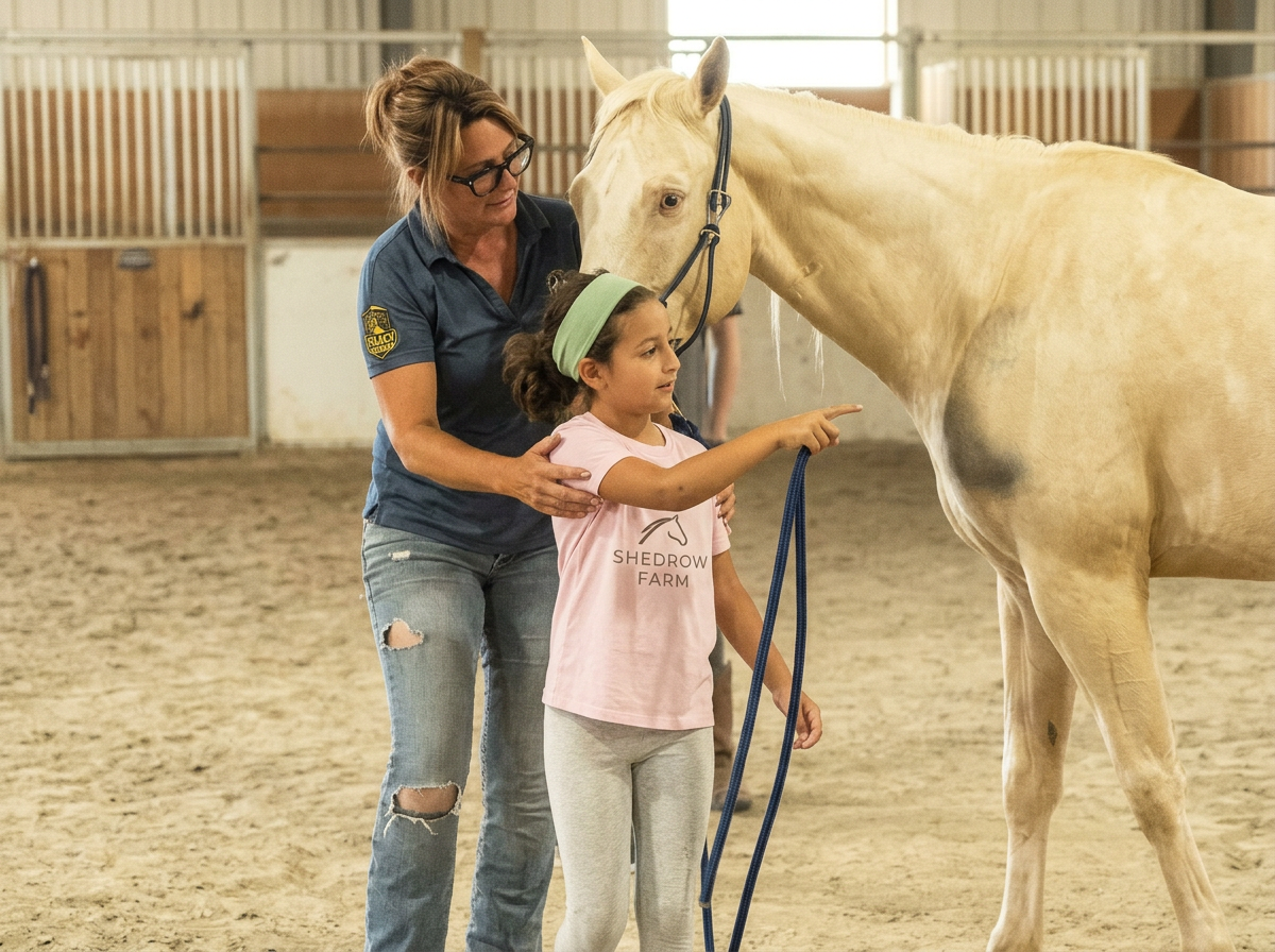 A woman and a girl with a horse in an indoor riding arena. The girl is pointing at something on the horse, and the woman is holding her gently.