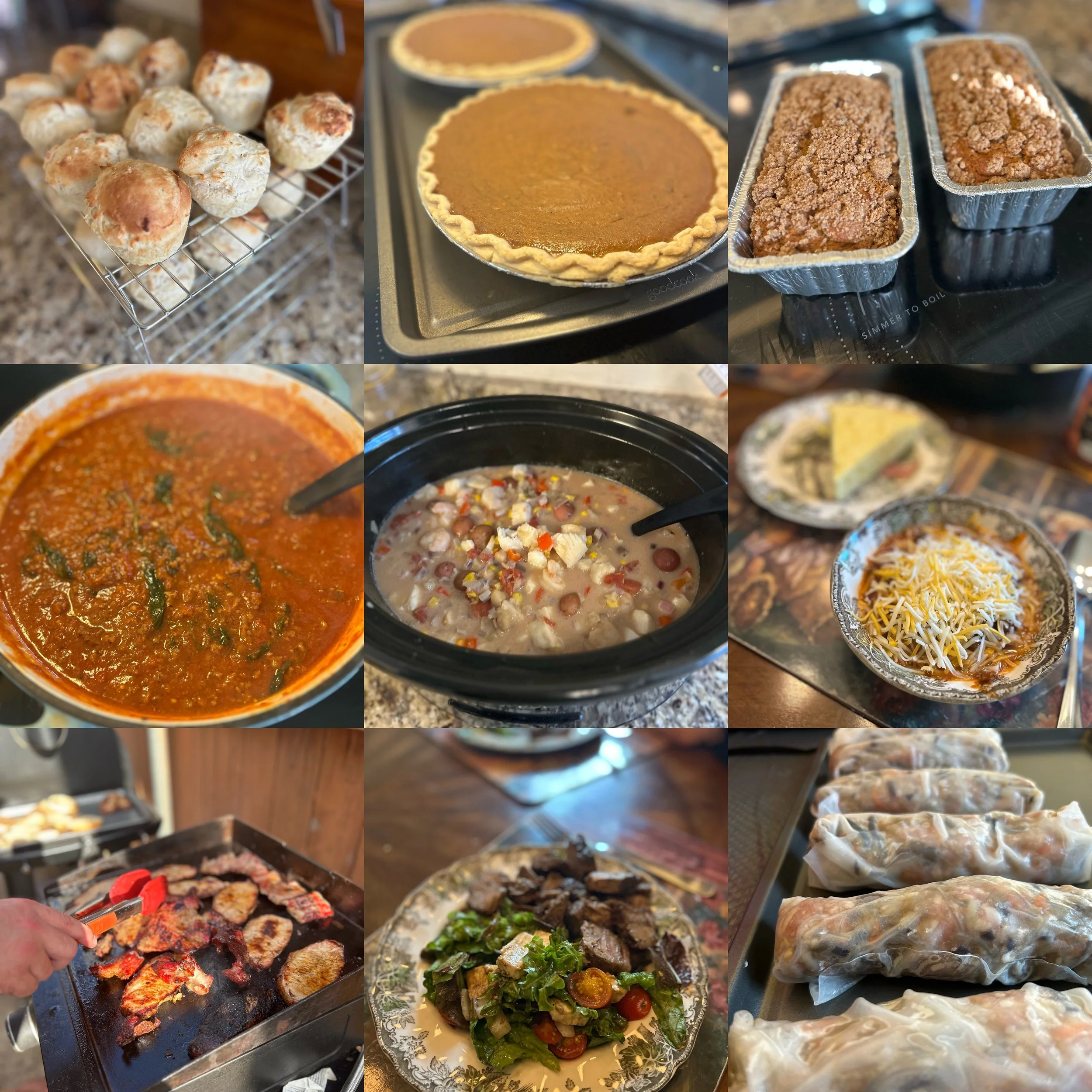 A collage of various dishes and ingredients, including baked goods, pies, casseroles, soup, pizza, grilled meats, salads, and wrapped burritos. Examples of meal prepping and nutritional coaching.