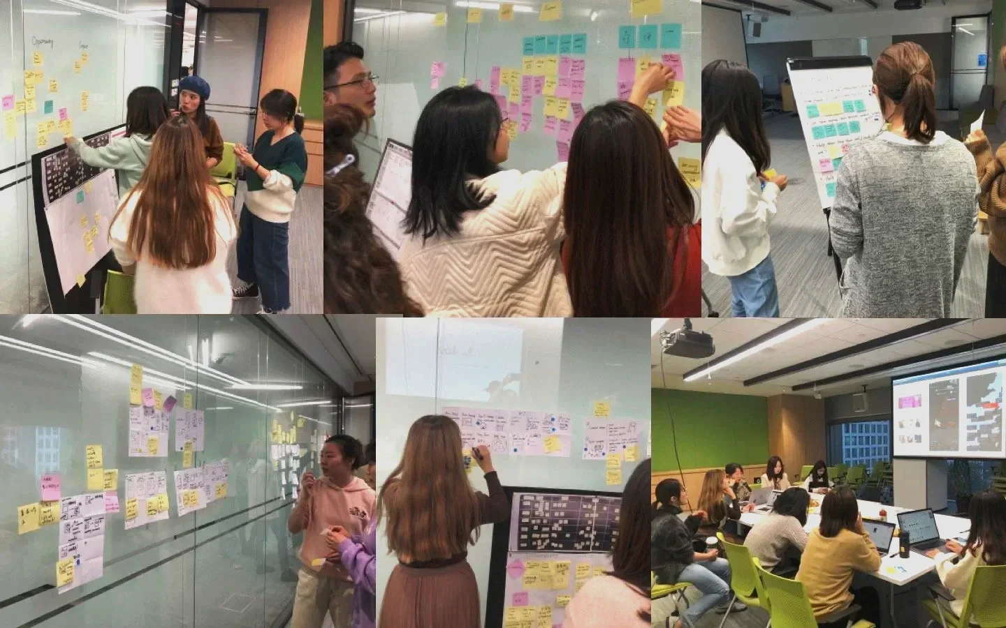 A collage of six images showing people in a professional or educational setting collaborating around whiteboards and glass walls covered with colorful sticky notes, discussing ideas, and working on presentations in a conference room and an office space.