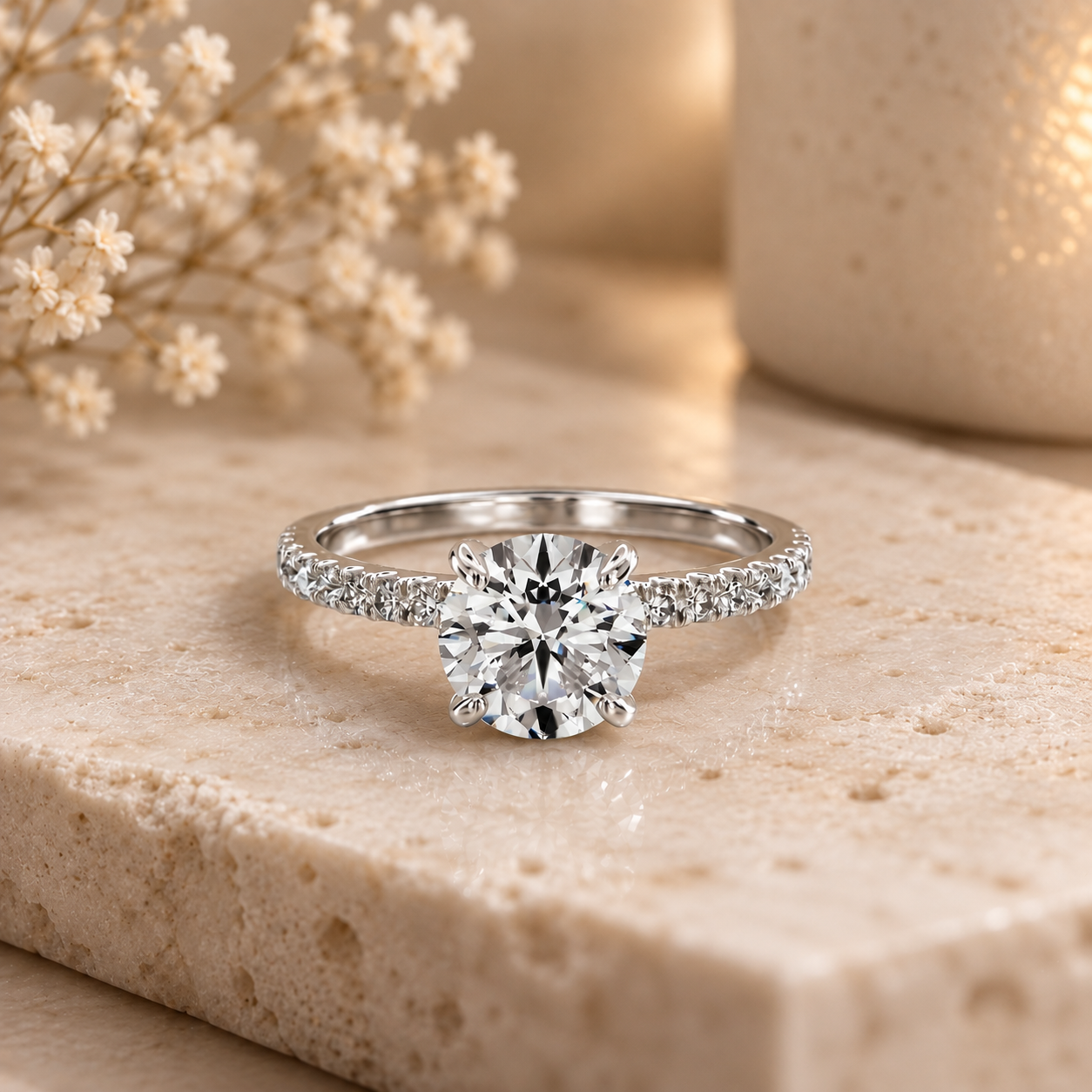 A silver engagement ring with a large round diamond center stone and smaller diamonds on the band, placed on a beige textured surface with a white flower and a white textured holder in the background.