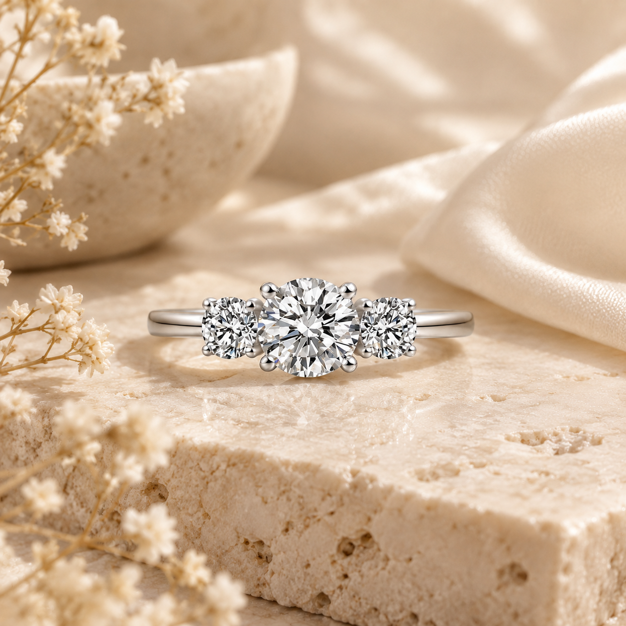 A diamond engagement ring with a central round diamond flanked by two smaller diamonds, set on a beige marble surface. In the background, there is a cream-colored satin fabric, a speckled bowl, and decorative white flowers.