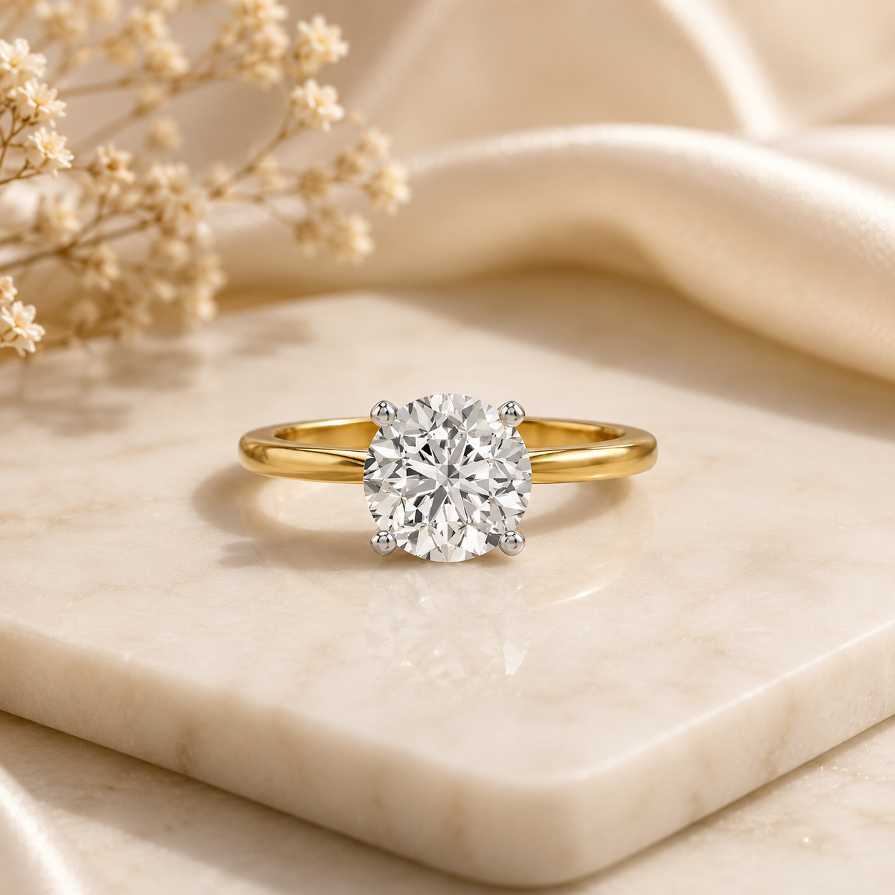 Close-up of a gold ring with a large oval diamond setting on a beige marble surface, with white flowers and silk fabric in the background.
