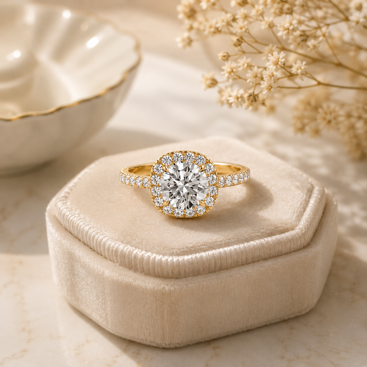 A gold ring with a large round center diamond surrounded by smaller diamonds is displayed on a beige velvet jewelry box. In the background, there is a white ceramic bowl and a bunch of white flowers.