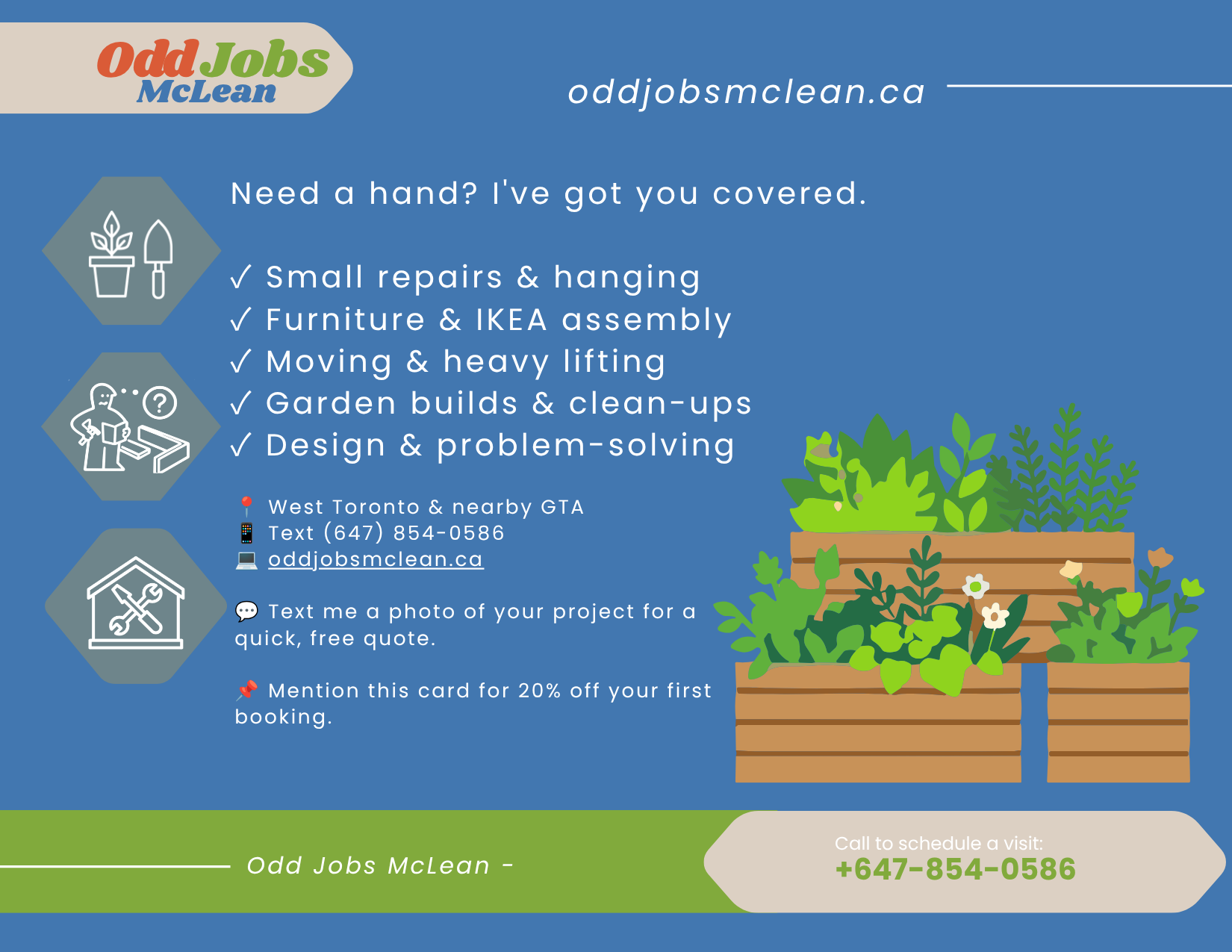 Odd Jobs McLean, a handyman service in West Toronto. It features the company logo, contact information, and icons representing gardening, repairs, furniture assembly, moving, and problem-solving.  Free Estimate, and call to action.