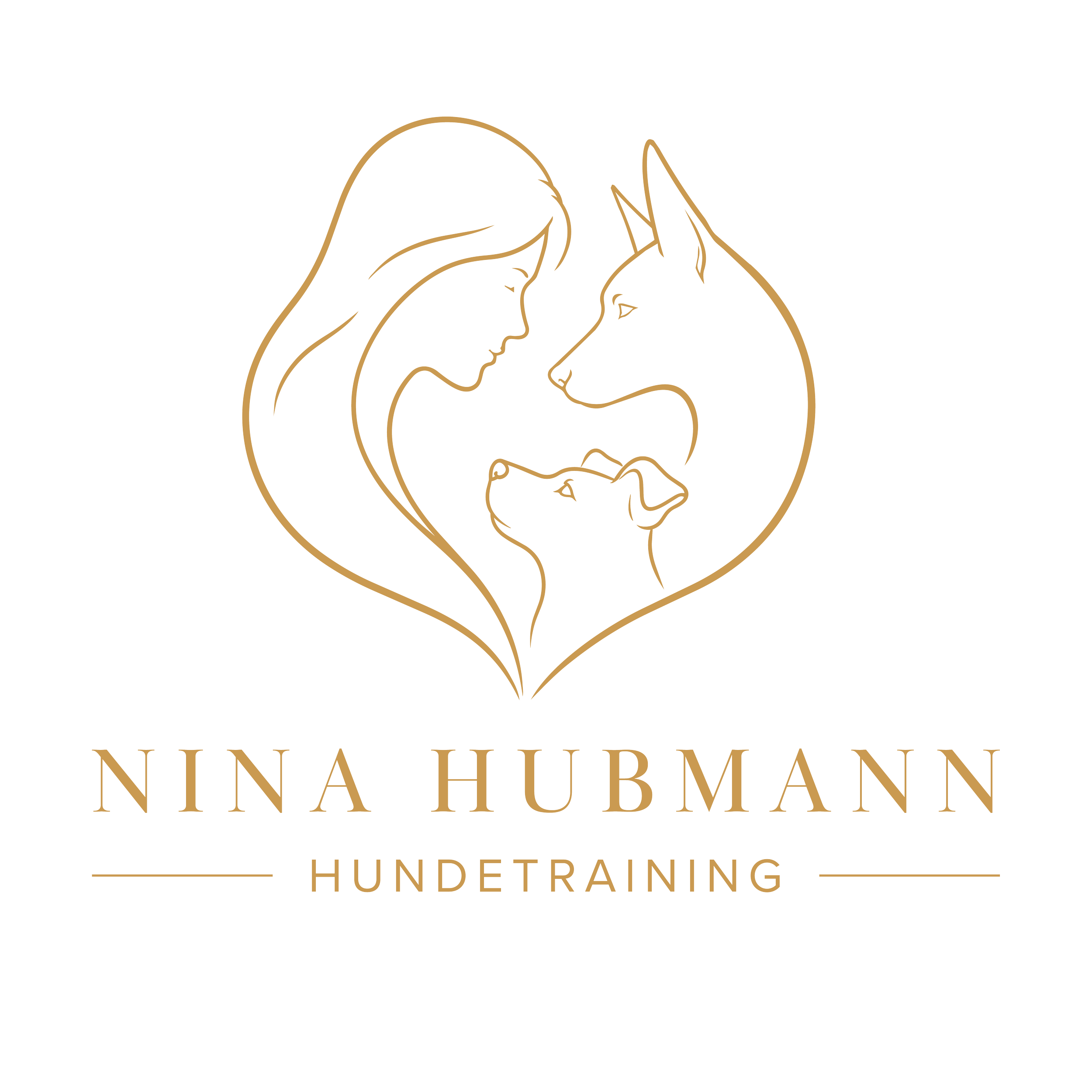 Ein stilisiertes Logo für Nina Hubmann Hundetraining, zeigt die Konturen eines Menschen und eines Hundes, die sich gegenseitig anschauen, in Gold auf schwarzem Hintergrund, mit dem Text "Nina Hubmann Hundetraining" darunter.