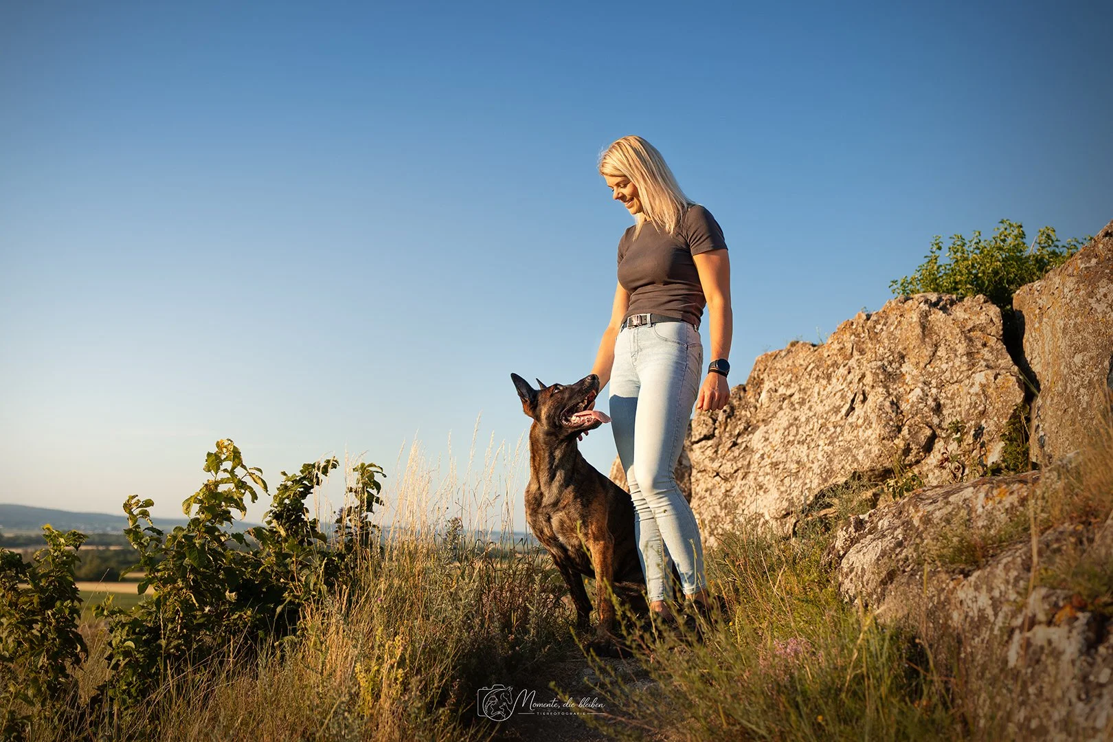 Eine Frau mit einem Hund im Freien auf einer Wiese neben Felsen, bei Sonnenuntergang, klare blauer Himmel.