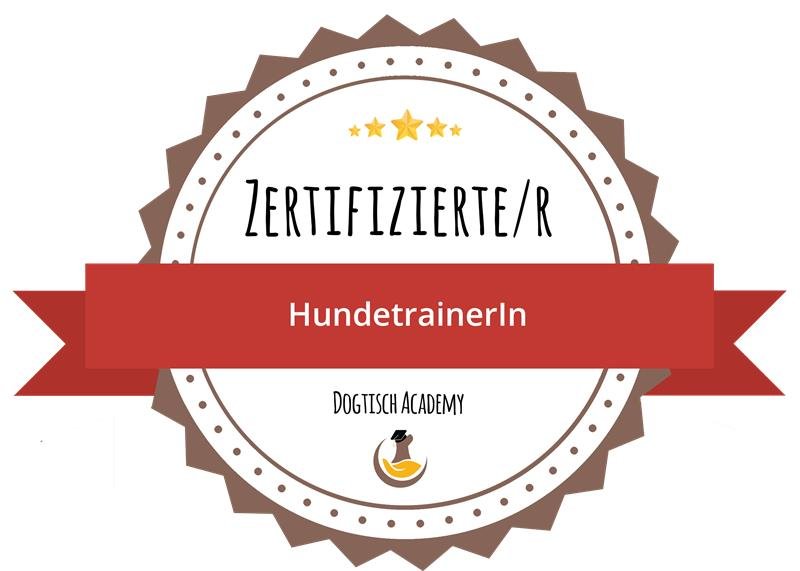Zertifizierungsabzeichen für HundetrainerIn von der Dogtisch Academy mit rotem Banner und Sternen.
