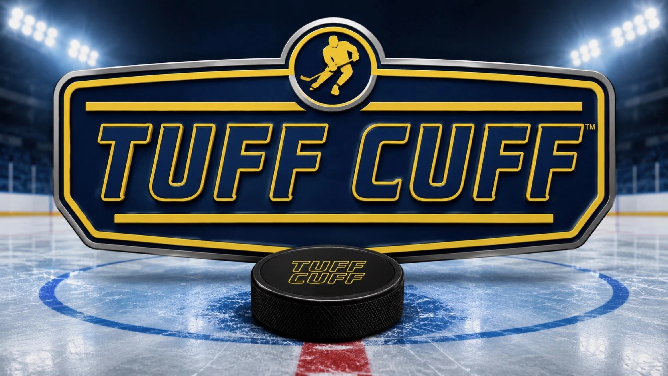 Hockey puck with 'Tuff Cuff' logo in front of a sign that reads 'Tuff Cuff' on an ice hockey rink.