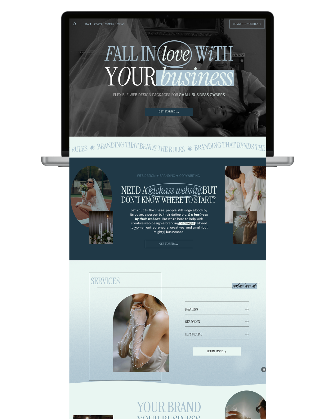 A website homepage displayed on a laptop screen featuring a dark and light blue color scheme, with images of women and wedding-related elements, promoting web design, branding, and copywriting services for small businesses.