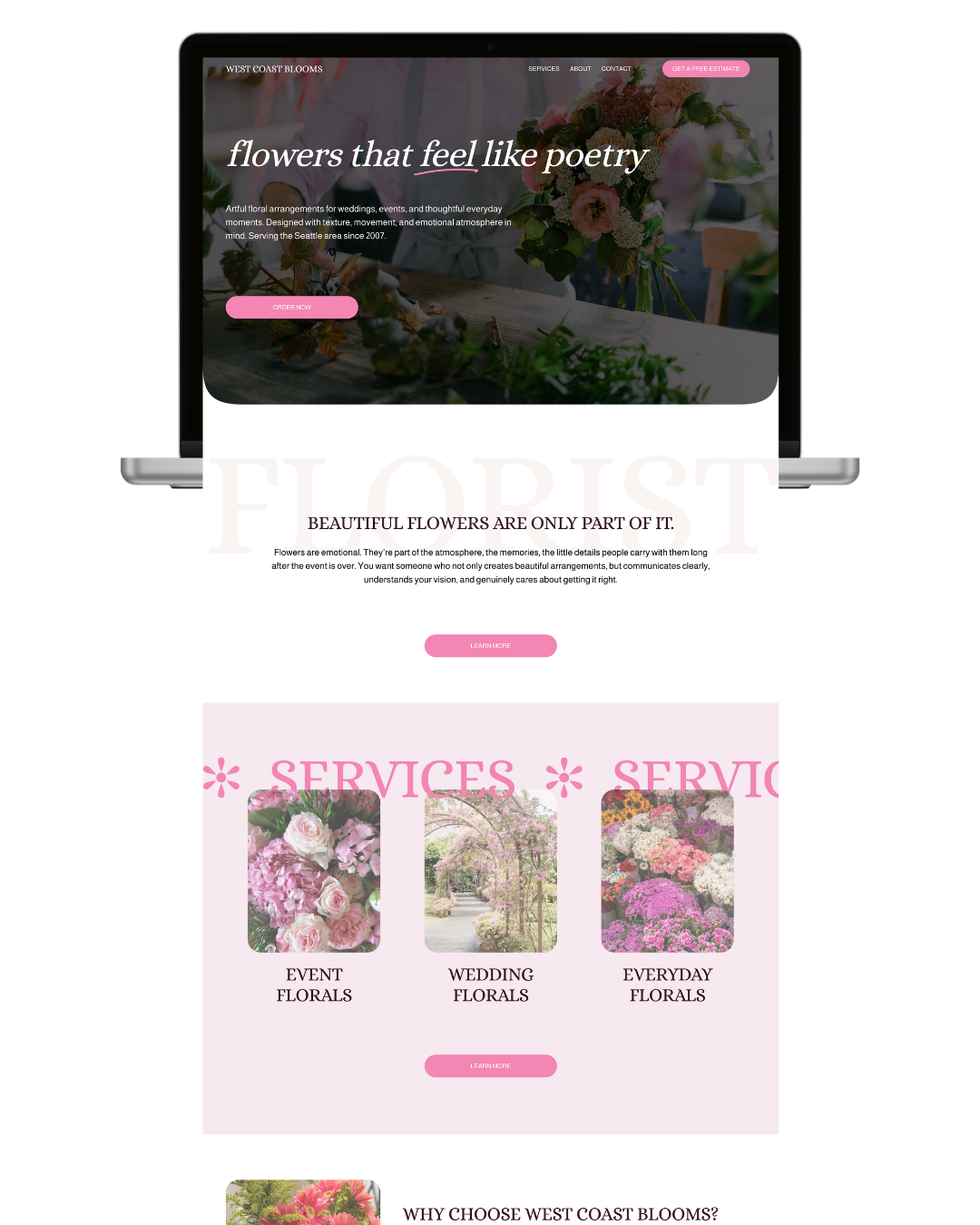 Homepage of a floral arrangement website with a background image of colorful flowers, pink buttons, and sections about floral services.