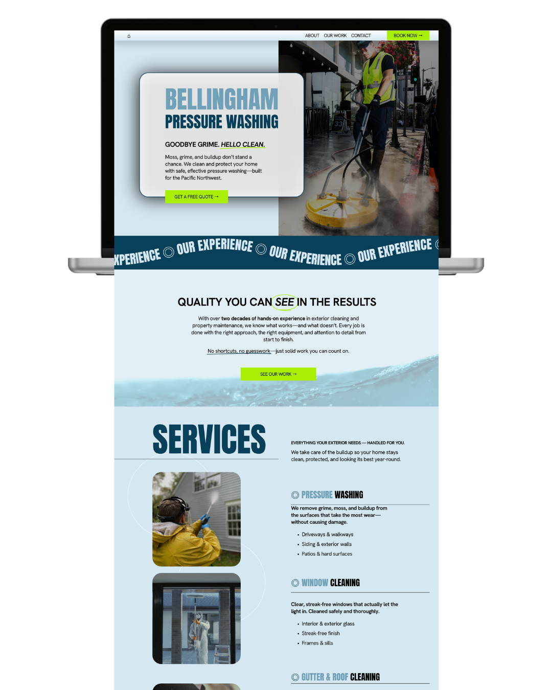 Screenshot of a pressure washing company's website showing services like pressure washing and window cleaning, with images of workers cleaning exteriors and a tagline emphasizing experience and quality.