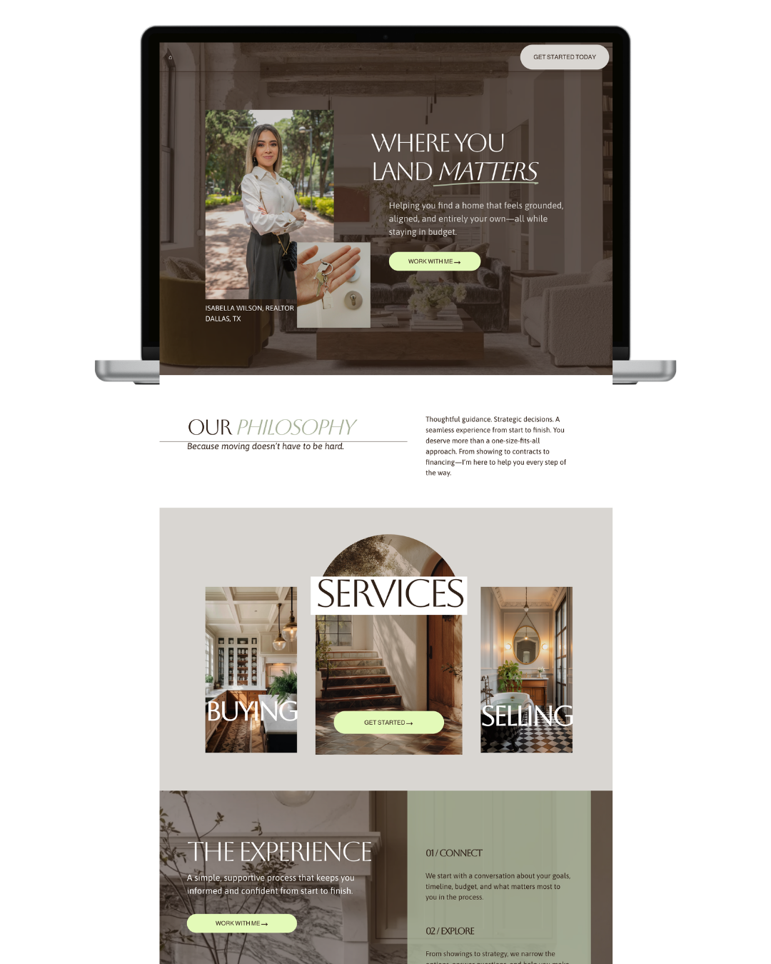 Homepage of a real estate website featuring a woman in a white blouse standing outside, with text about helping clients find homes, and sections for services like buying and selling, with a neutral, stylish design.