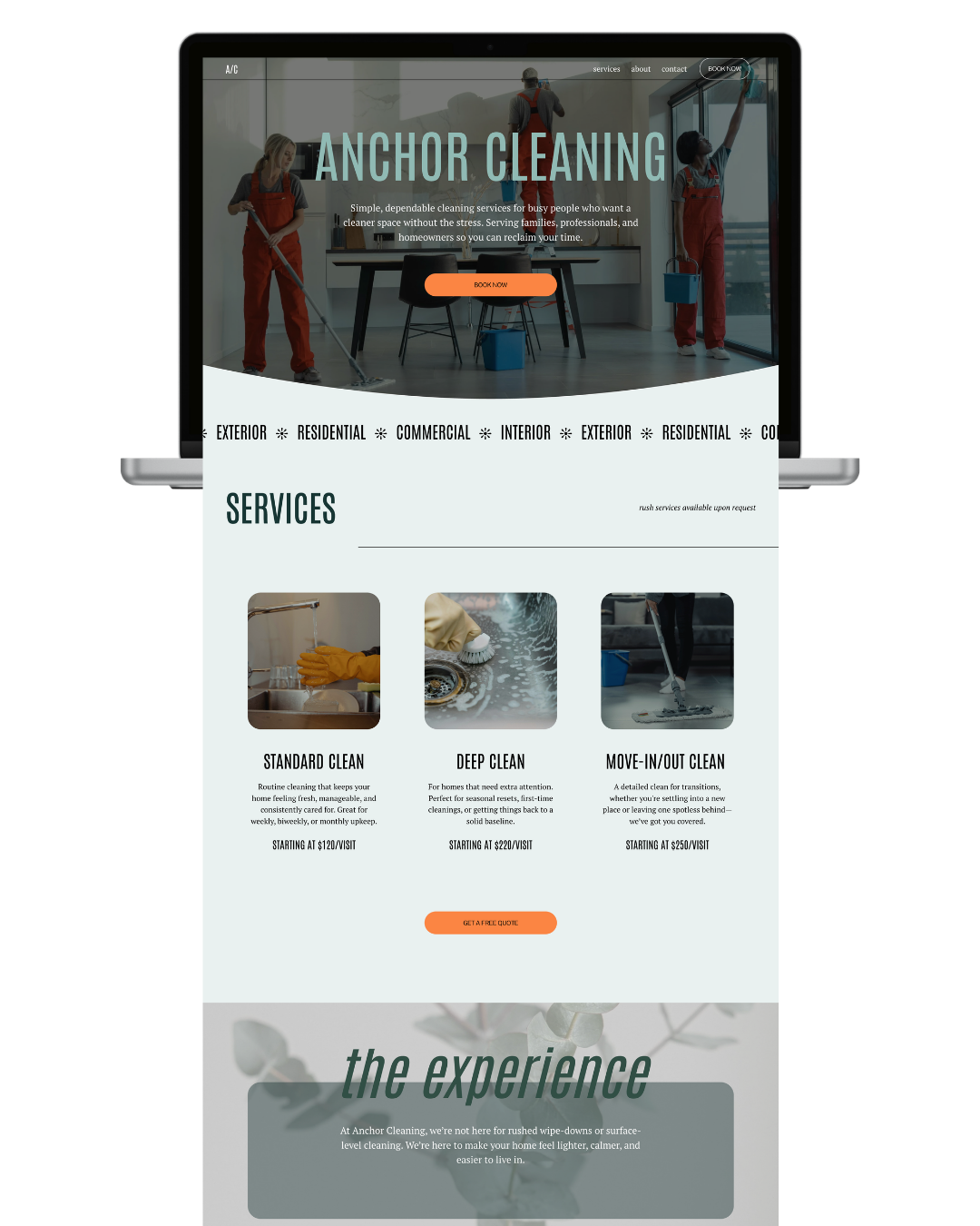 Website homepage for Anchor Cleaning with images of cleaning service workers and cleaning equipment, showcasing services like standard clean, deep clean, and move-in/out clean.