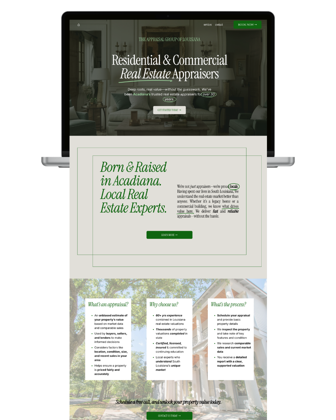 Homepage of a real estate appraisal website featuring a living room at the top, with green accents, and sections about local real estate expertise and appraisal services, including contact options.