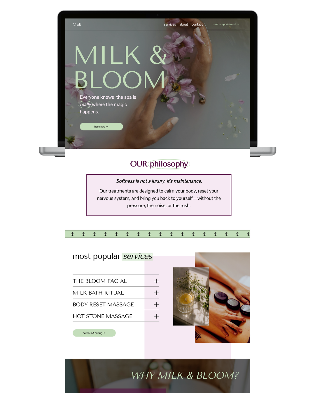 Website homepage for Milk & Bloom spa, featuring a hand surrounded by flowers in a milk bath, with menu options including services, about, contact, and book appointment. The page highlights treatments like facials and massages.