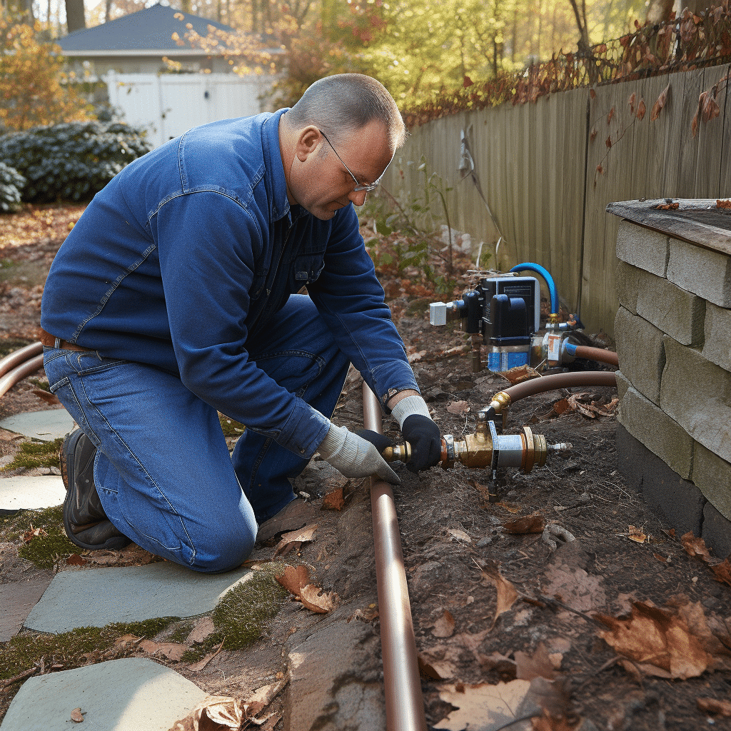 A man in a blue jacket and jeans kneels on the ground while working on a pipe installation outside near a building. He is wearing gloves and appears to be connecting or repairing a copper pipe with various tools and equipment nearby, with a fence and trees in the background.