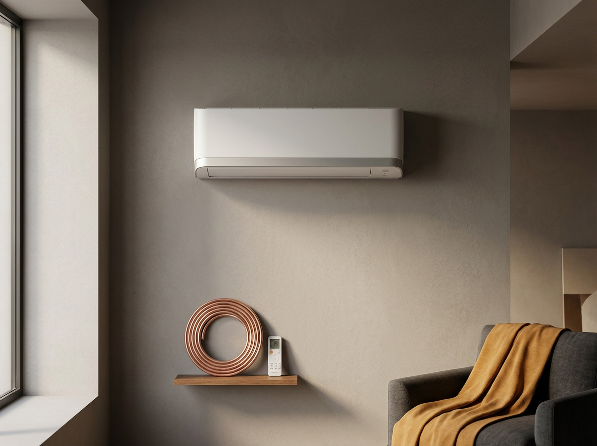 Air conditioner mounted on a gray wall with a window to the left and a floating shelf below it holding a decorative copper-colored sculpture and a remote control. A gray armchair with a tan blanket is in the corner.