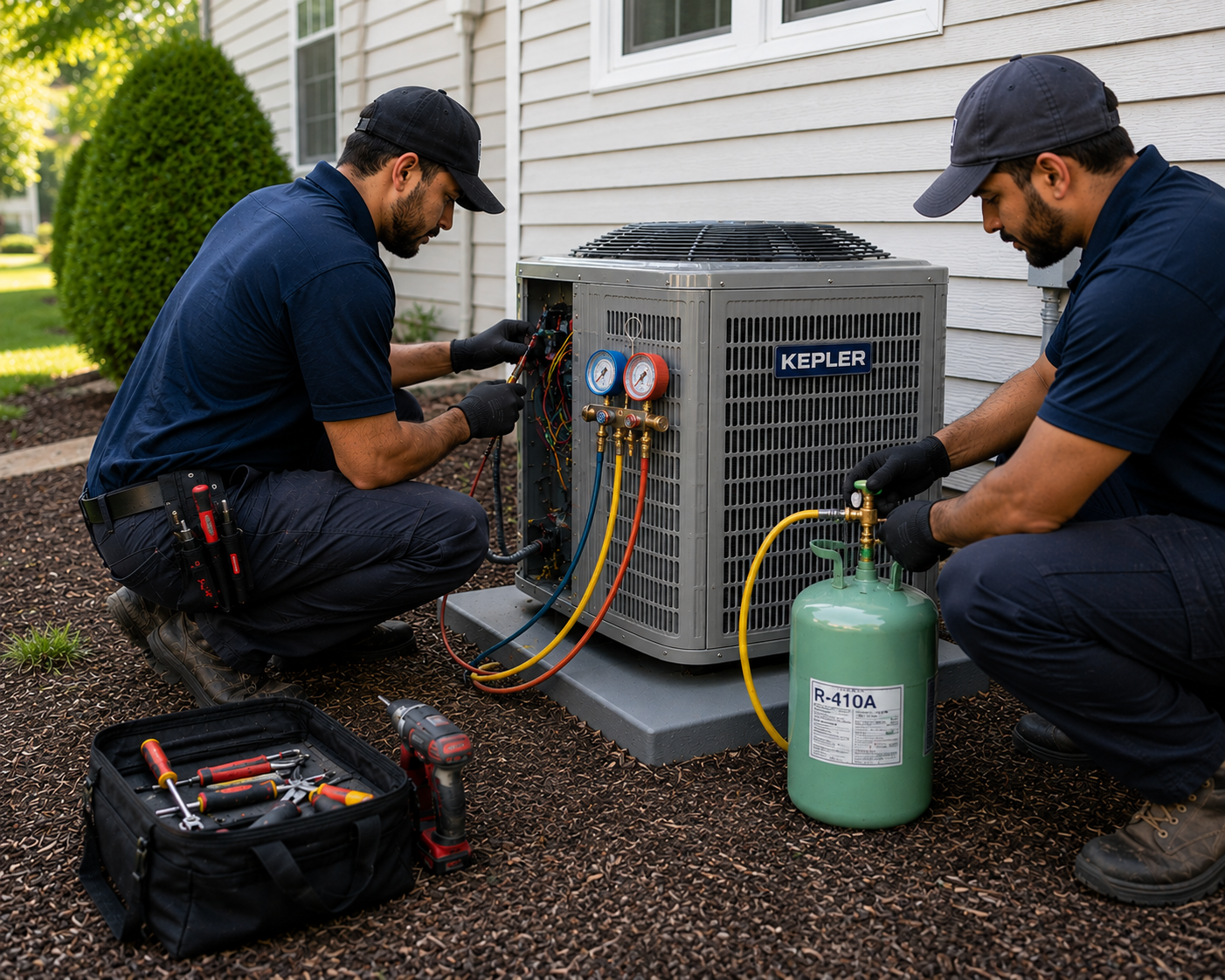 Two technicians repairing a Kepler air conditioning unit outside a house on mulch ground, with tools and a green refrigerant tank nearby.
