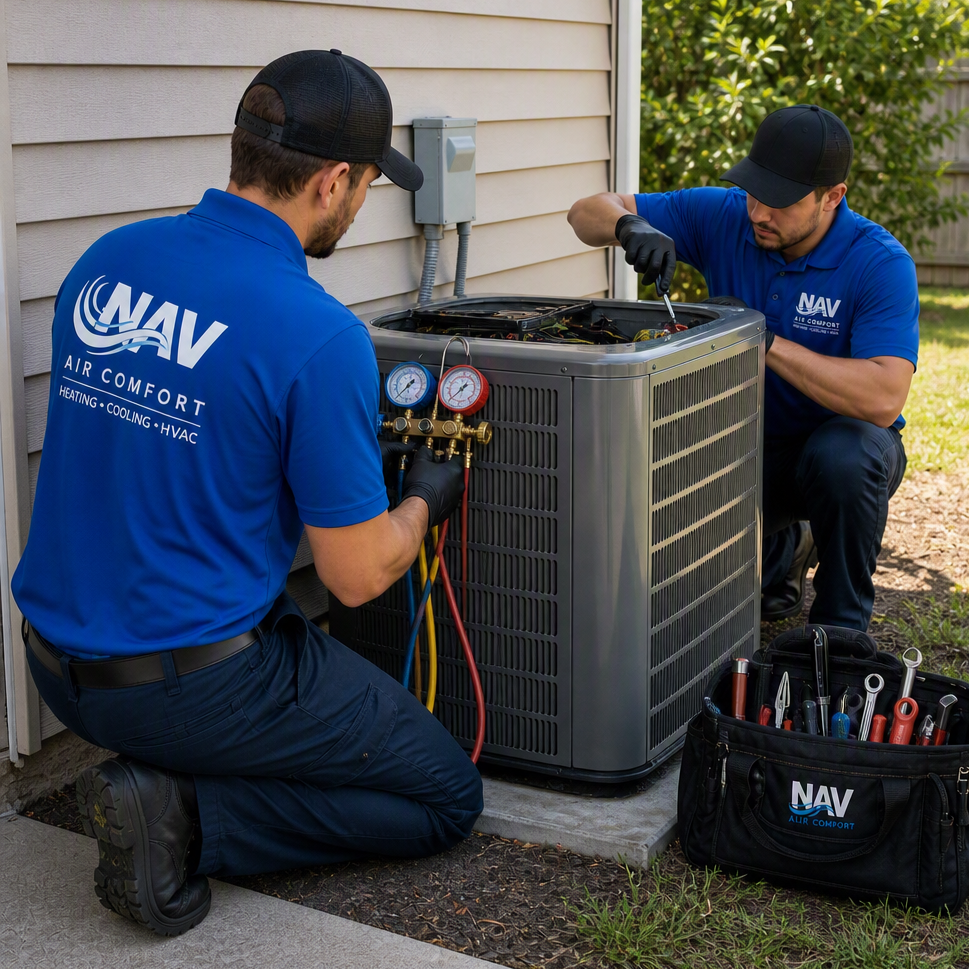 Two HVAC technicians working on an air conditioning unit outside a house. They are wearing blue uniforms and black caps, with tools and gauges. One technician is kneeling, and the other is squatting while using a screwdriver.