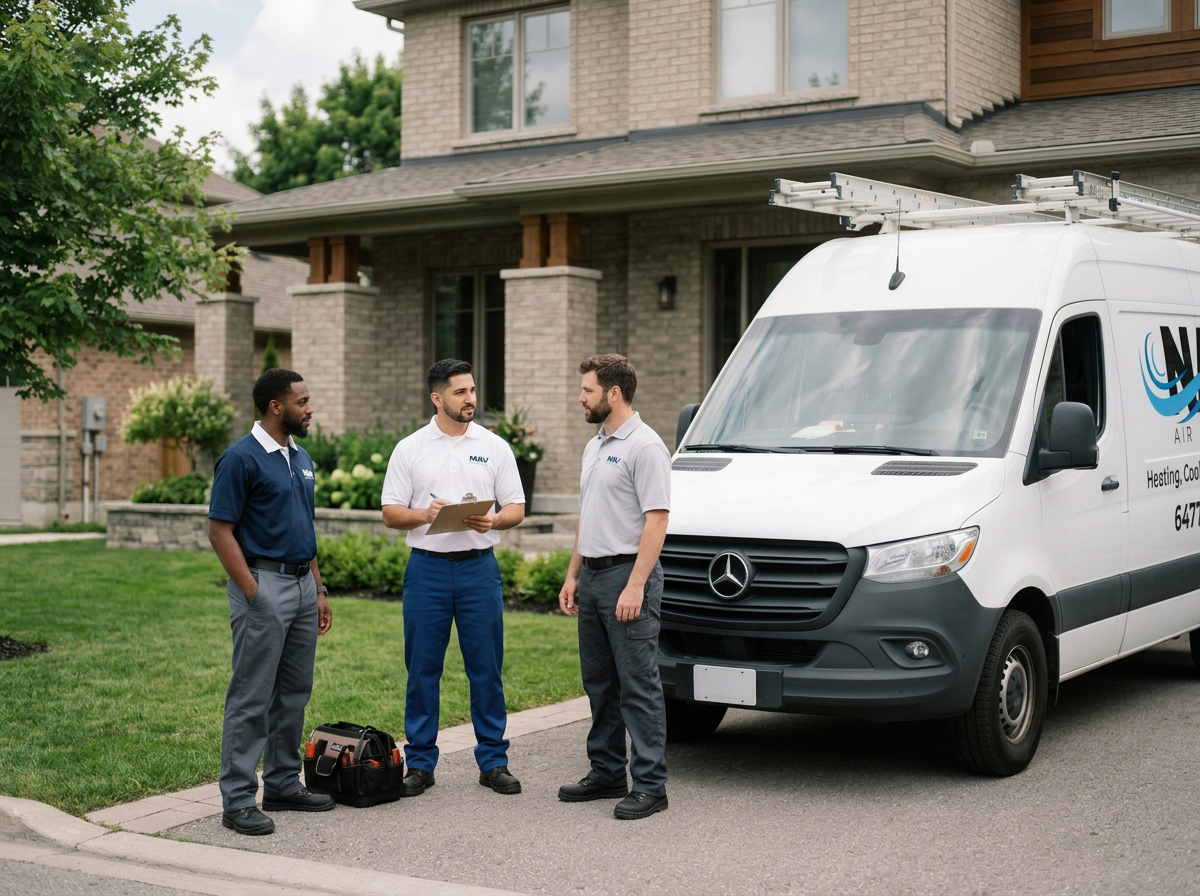 Three HVAC technicians standing on a driveway next to a white service van, discussing a job in front of a residential house with brick and siding exterior.