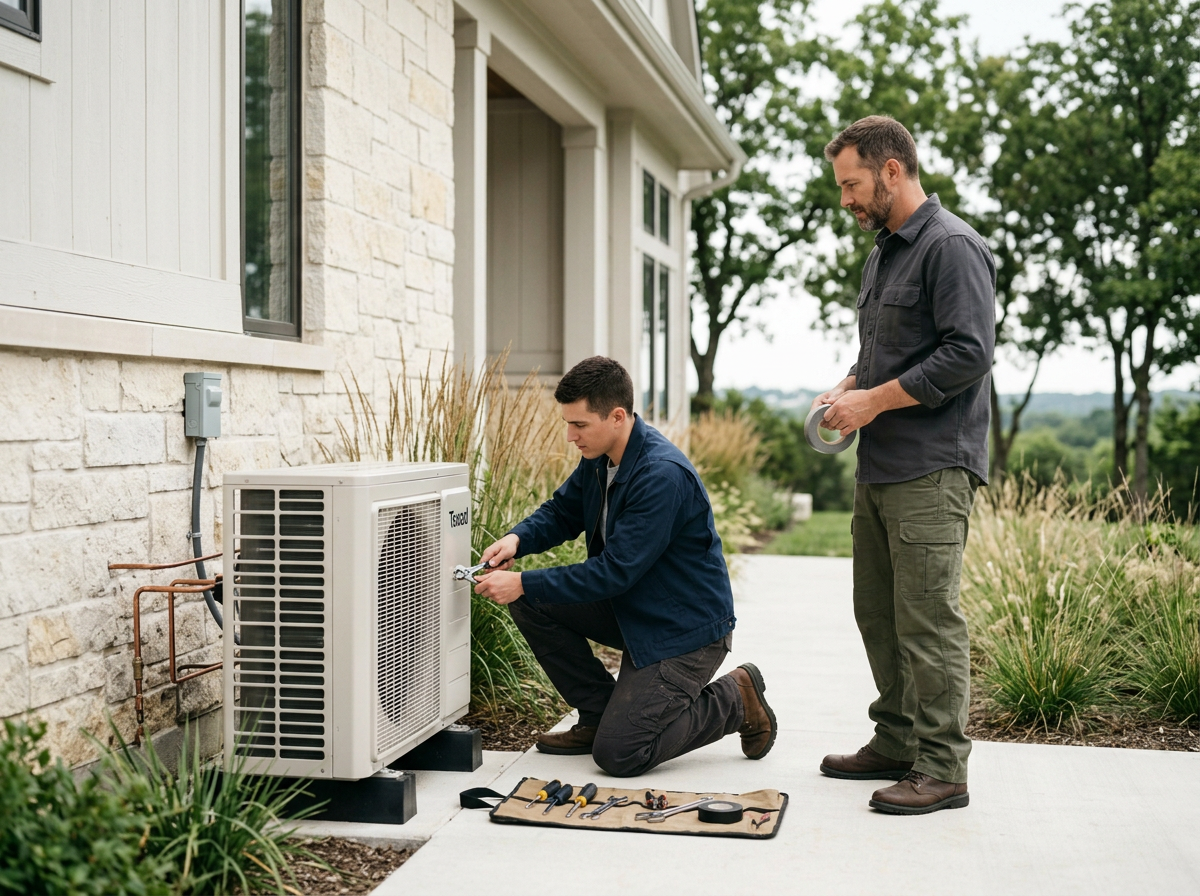 Two men working on an air conditioning unit outside a house on a sidewalk. One man is kneeling and using tools on the unit, while the other man watches holding tape. Tool kit lays on the ground nearby.