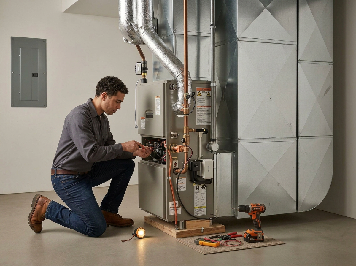 A technician kneeling on the floor working on an industrial HVAC or furnace unit with tools and a work light nearby.