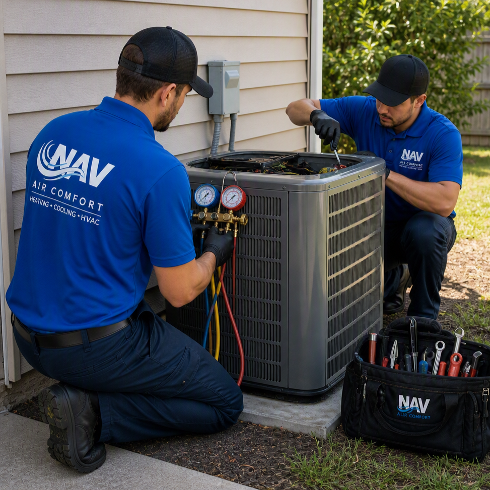 Two HVAC technicians in blue NAV Air Comfort shirts working on an air conditioning unit outside a house, with tools and gauges.