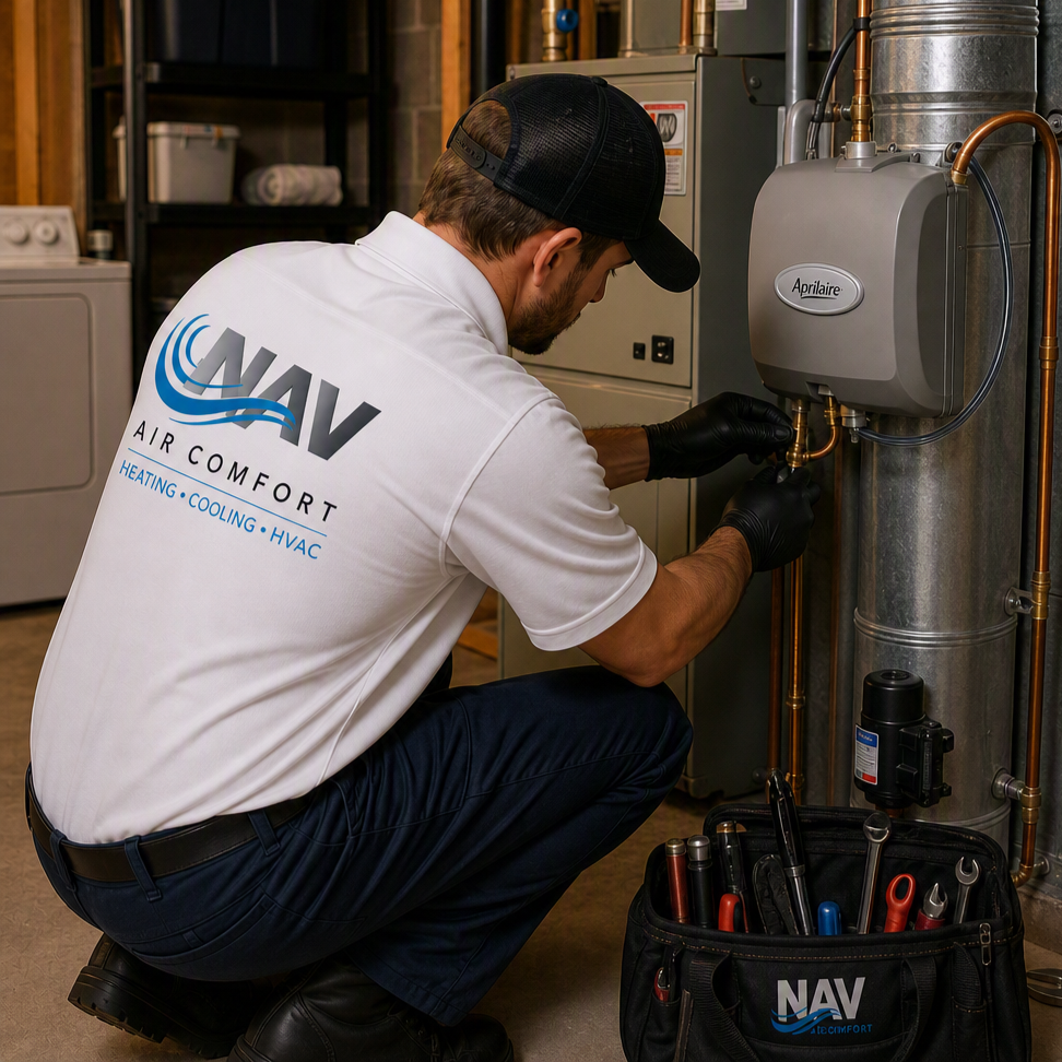 A technician in a NAV Air Comfort shirt working on an HVAC system in a utility room. The technician is kneeling, wearing black gloves, and using tools from a black toolbox on the floor.