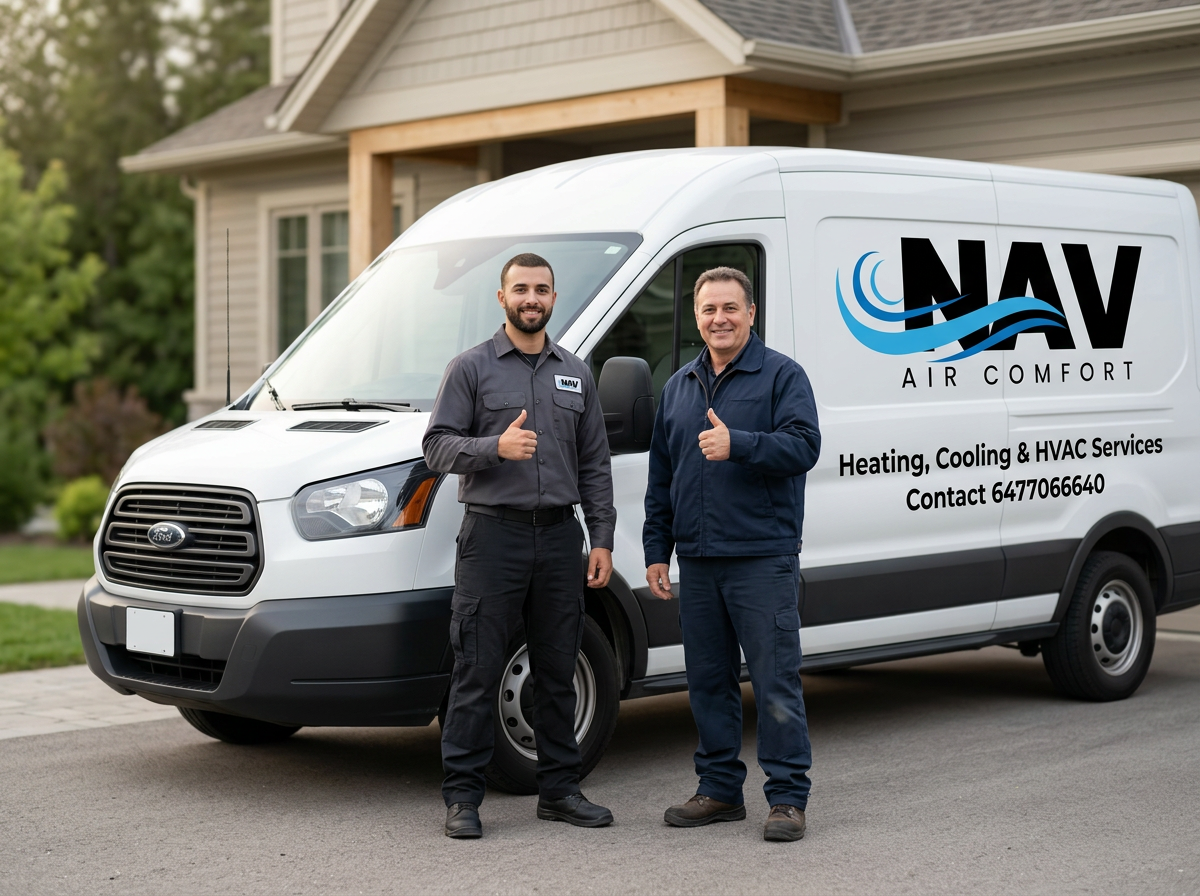 Two HVAC technicians standing in front of a service van, giving thumbs up. The van has the logo 'NAV Air Comfort' and contact information, with a residential house in the background.