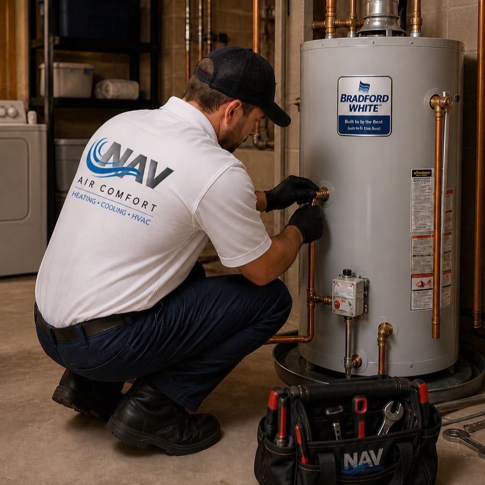 A technician from NAV Air Comfort wearing a white shirt and black gloves is kneeling and working on a Bradford White water heater, with tools in a black tool bag nearby.