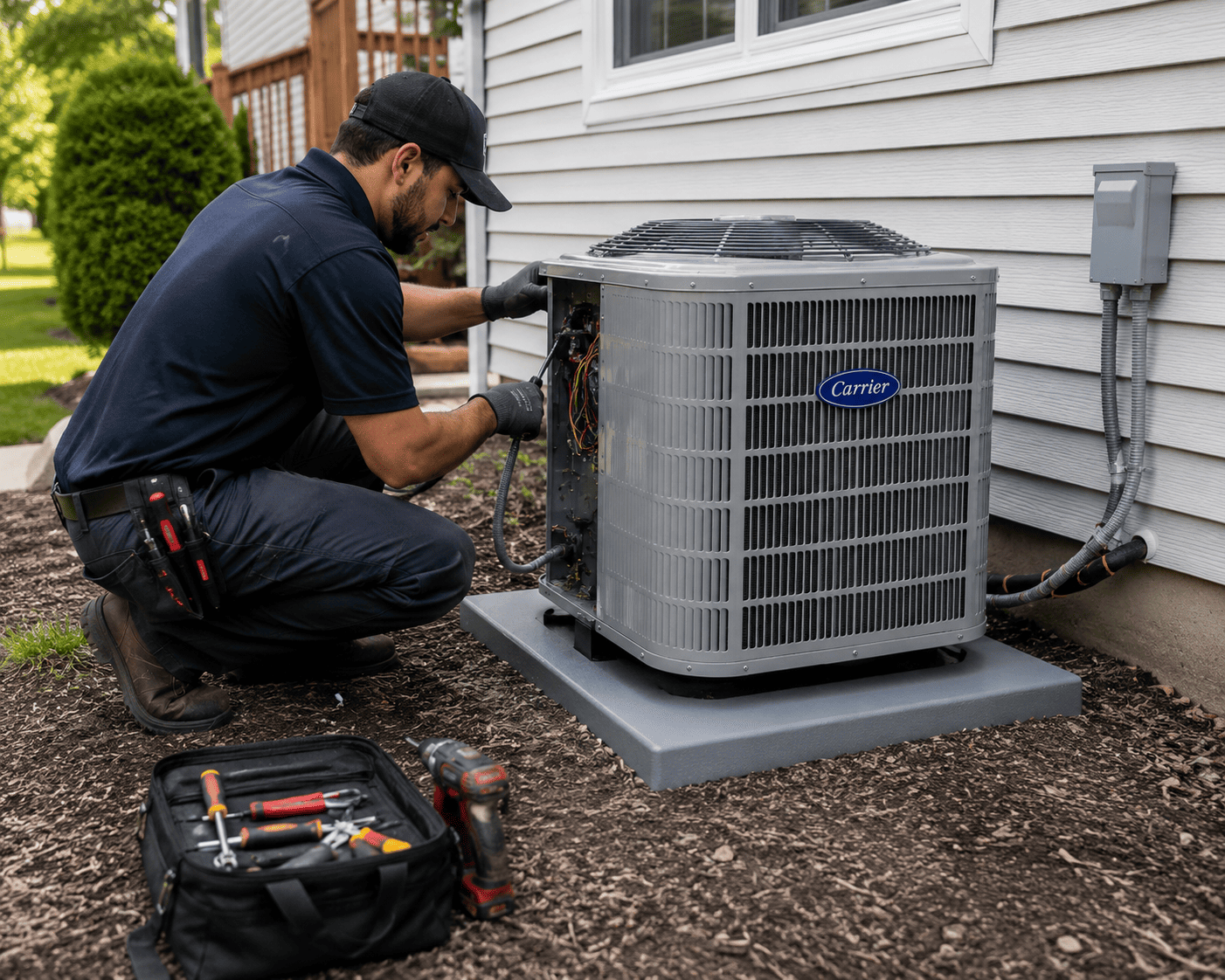 Technician repairing a Carrier air conditioning unit outside a house with tools in a carrying case nearby.