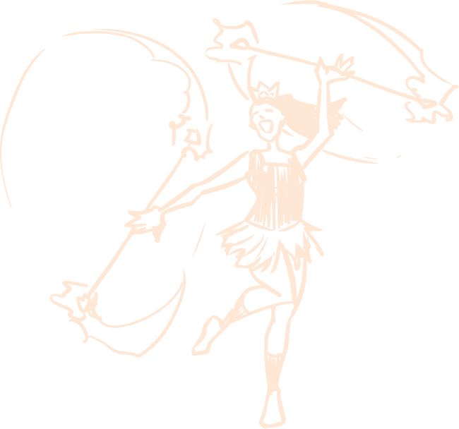 Line drawing of a cheerleader holding pom-poms in one hand and an umbrella in the other, wearing a short skirt and top, with a cheerful expression.